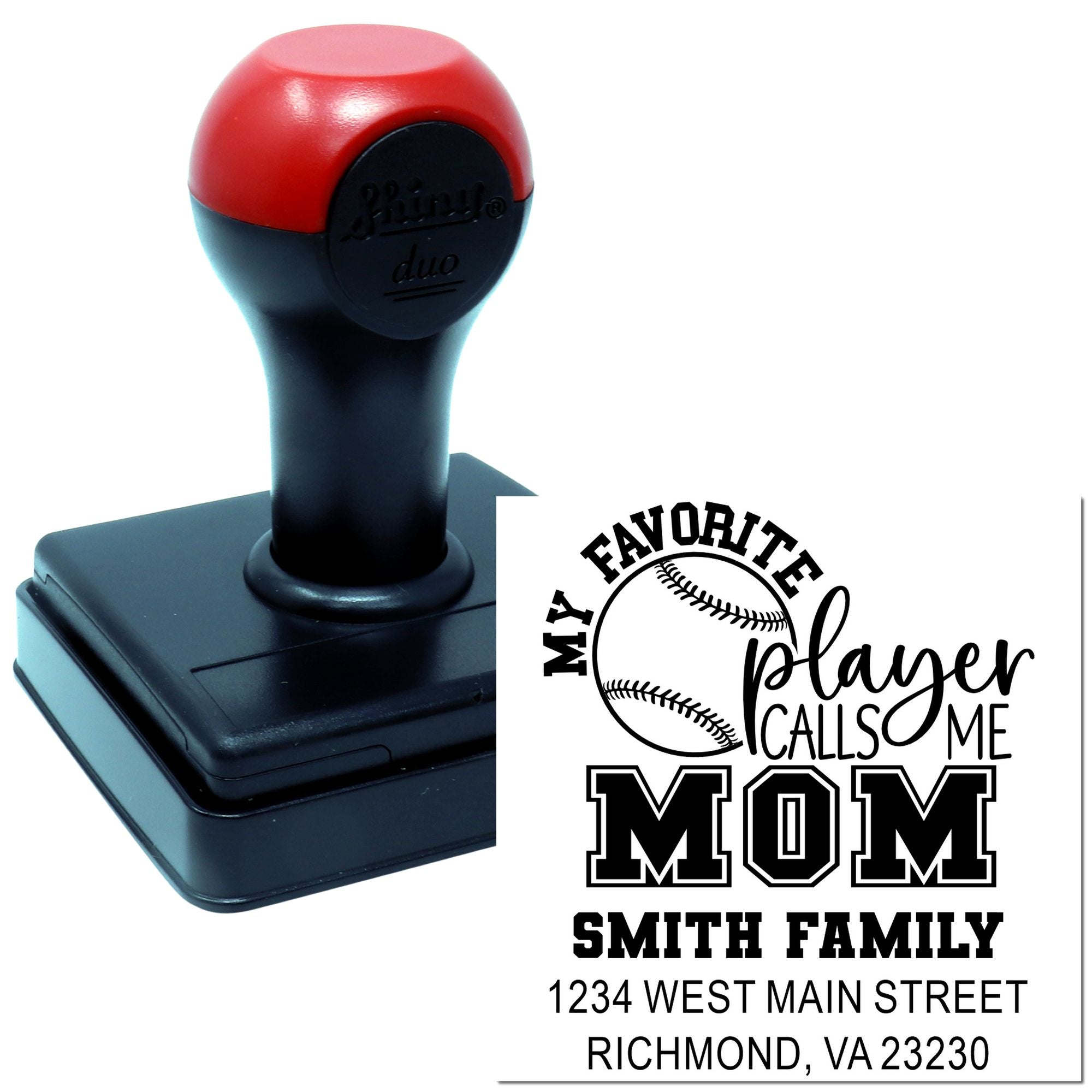 Custom self-inking rubber stamp for baseball mom return address, featuring a personalized sports family design.