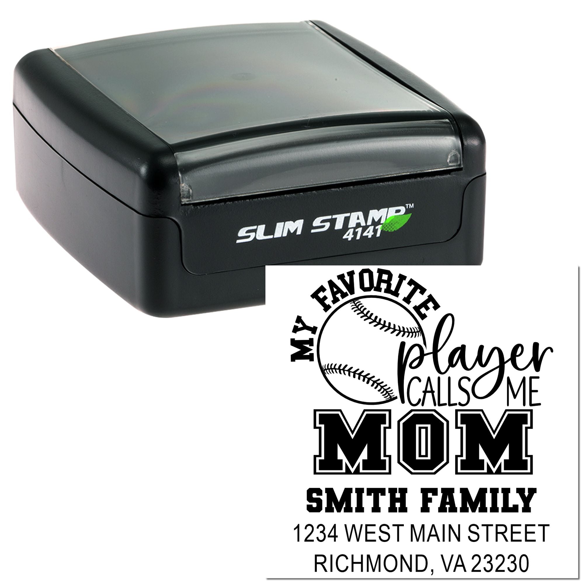 Custom self-inking address stamp with baseball My Favorite Player Calls Me Mom design for family mail.