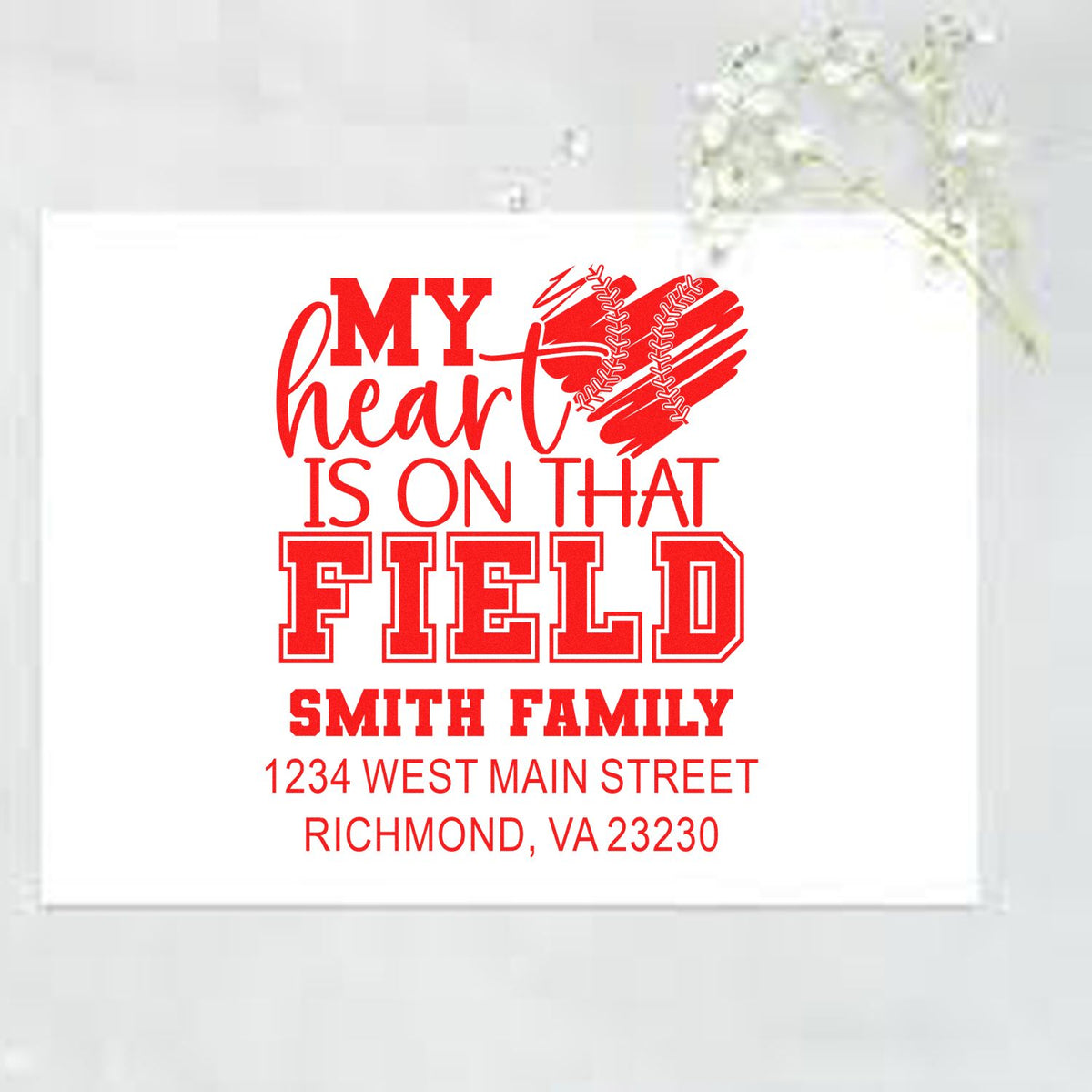 Personalized baseball rubber stamp design with heart ball graphic, Smith family name, and return address for mailing.