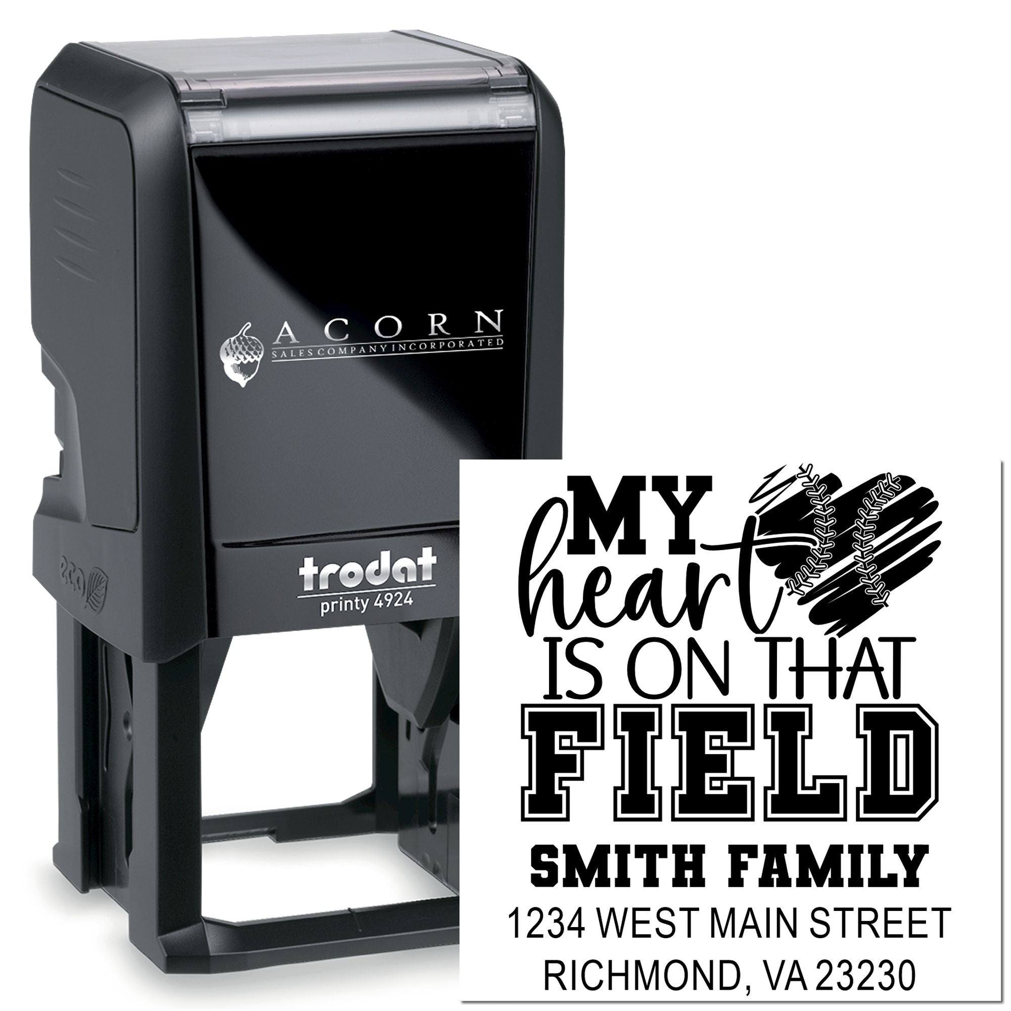 Custom self-inking rubber stamp with baseball-themed return address for Smith family, perfect for envelopes and gifts.