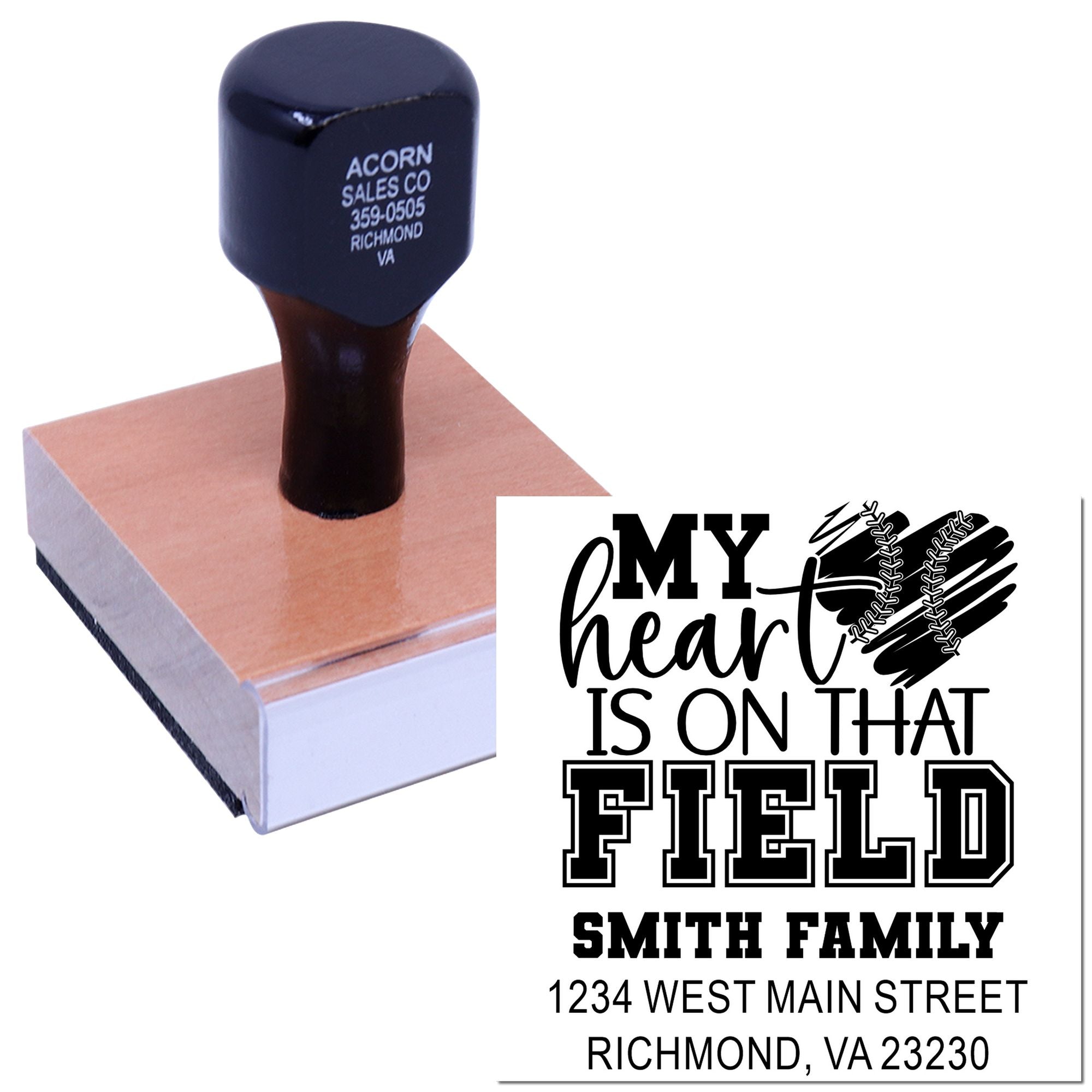 Custom baseball family address rubber stamp with My heart is on that field design and Richmond, VA address.