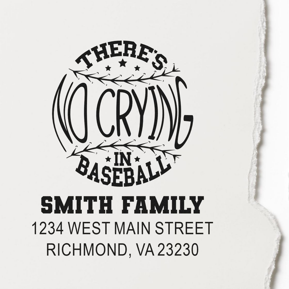 Personalized baseball rubber stamp with "There's No Crying in Baseball," Smith Family name, and Richmond, VA address.