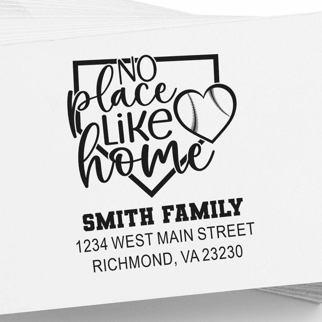 Personalized return address rubber stamp with No Place Like Home baseball design for the Smith family in Richmond, VA.
