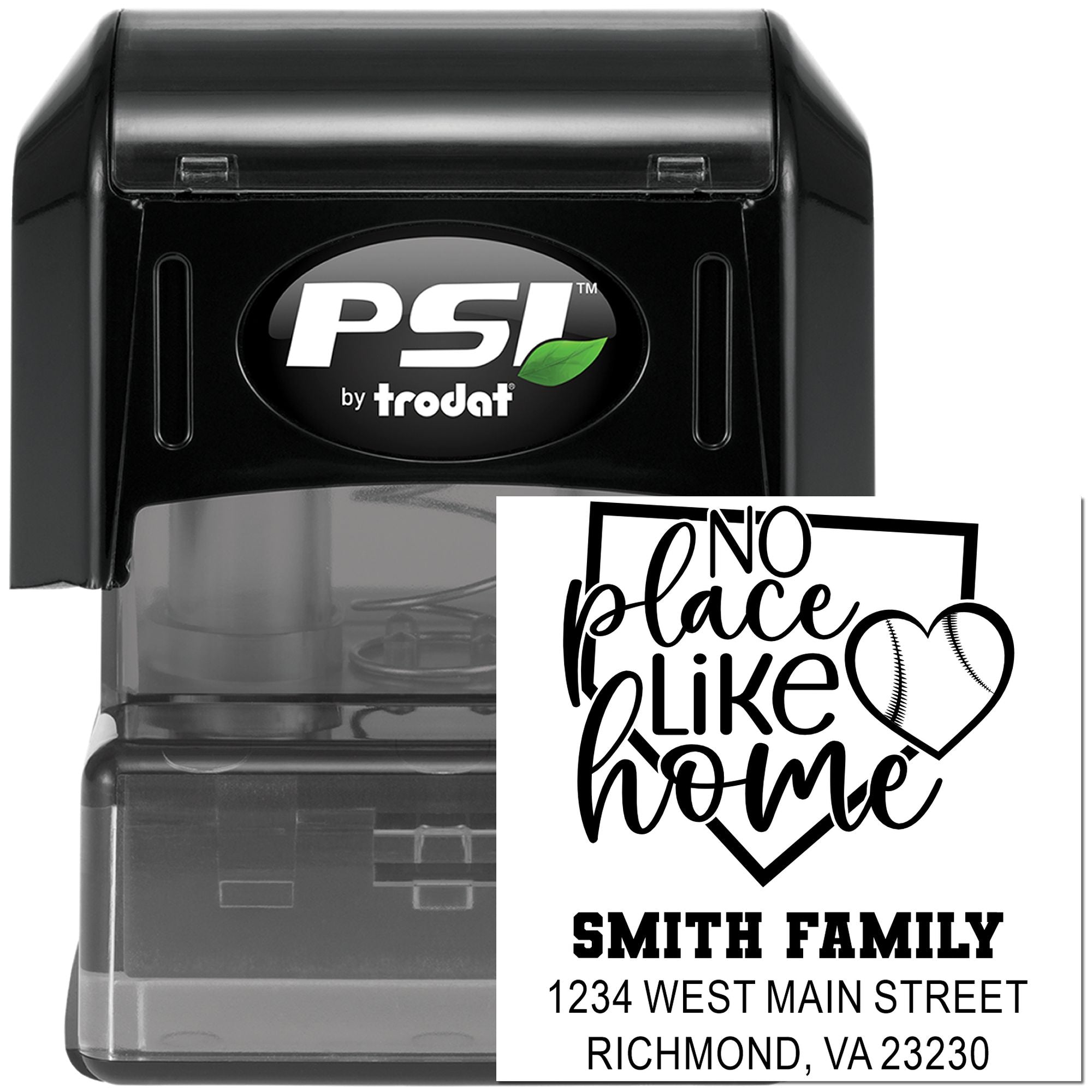 Custom self-inking rubber stamp by PSI Trodat featuring No Place Like Home family return address design.