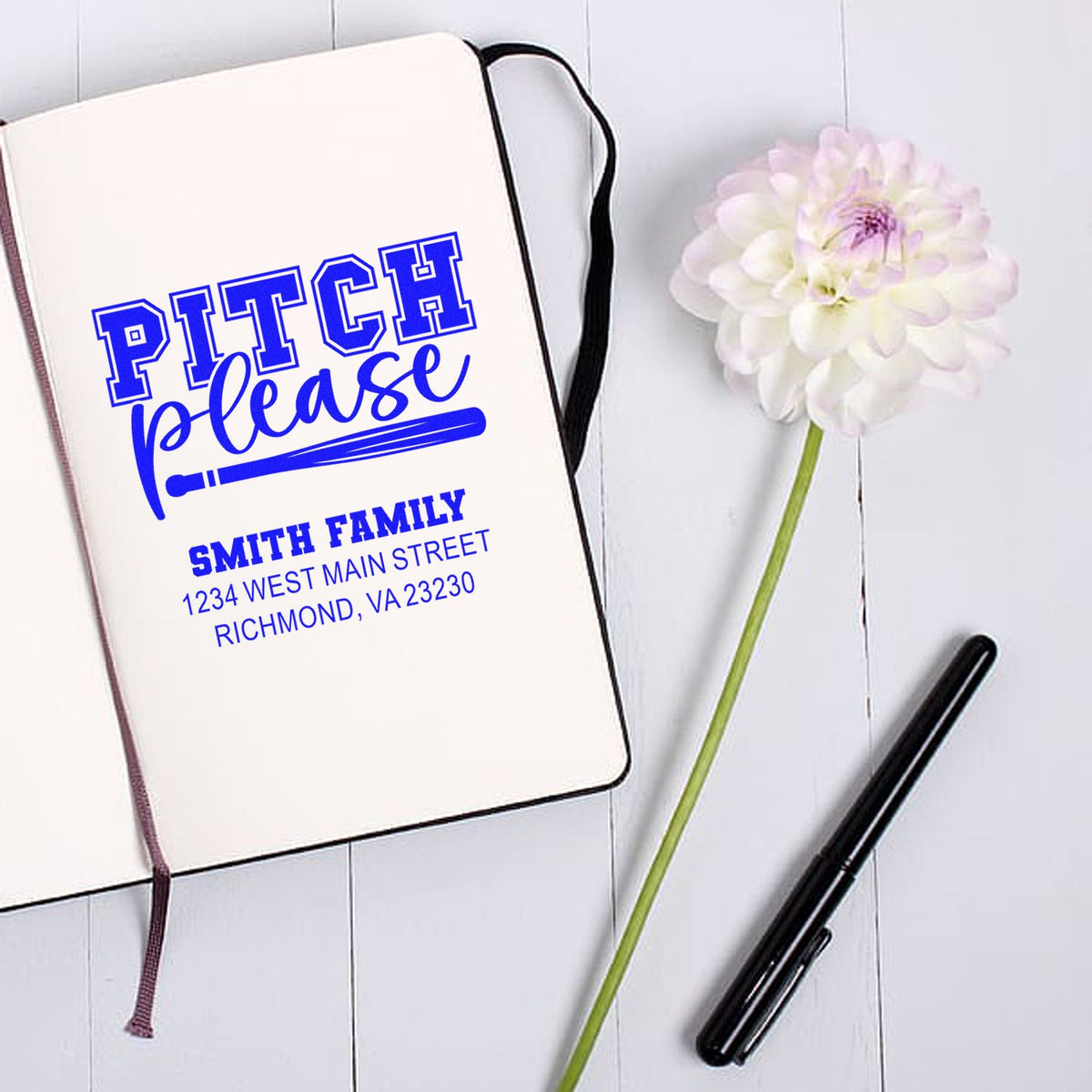 Custom baseball-themed rubber stamp with Pitch Please and personalized Smith family return address.