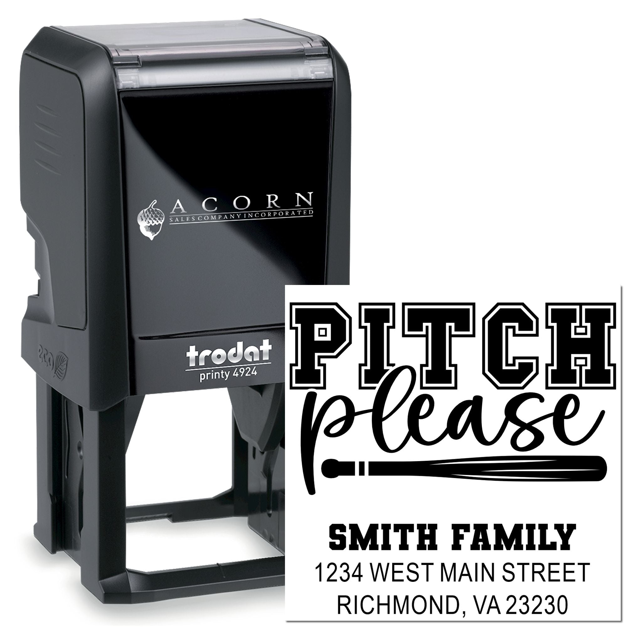 Custom self-inking rubber stamp with Pitch Please design and return address for personalized mailing.