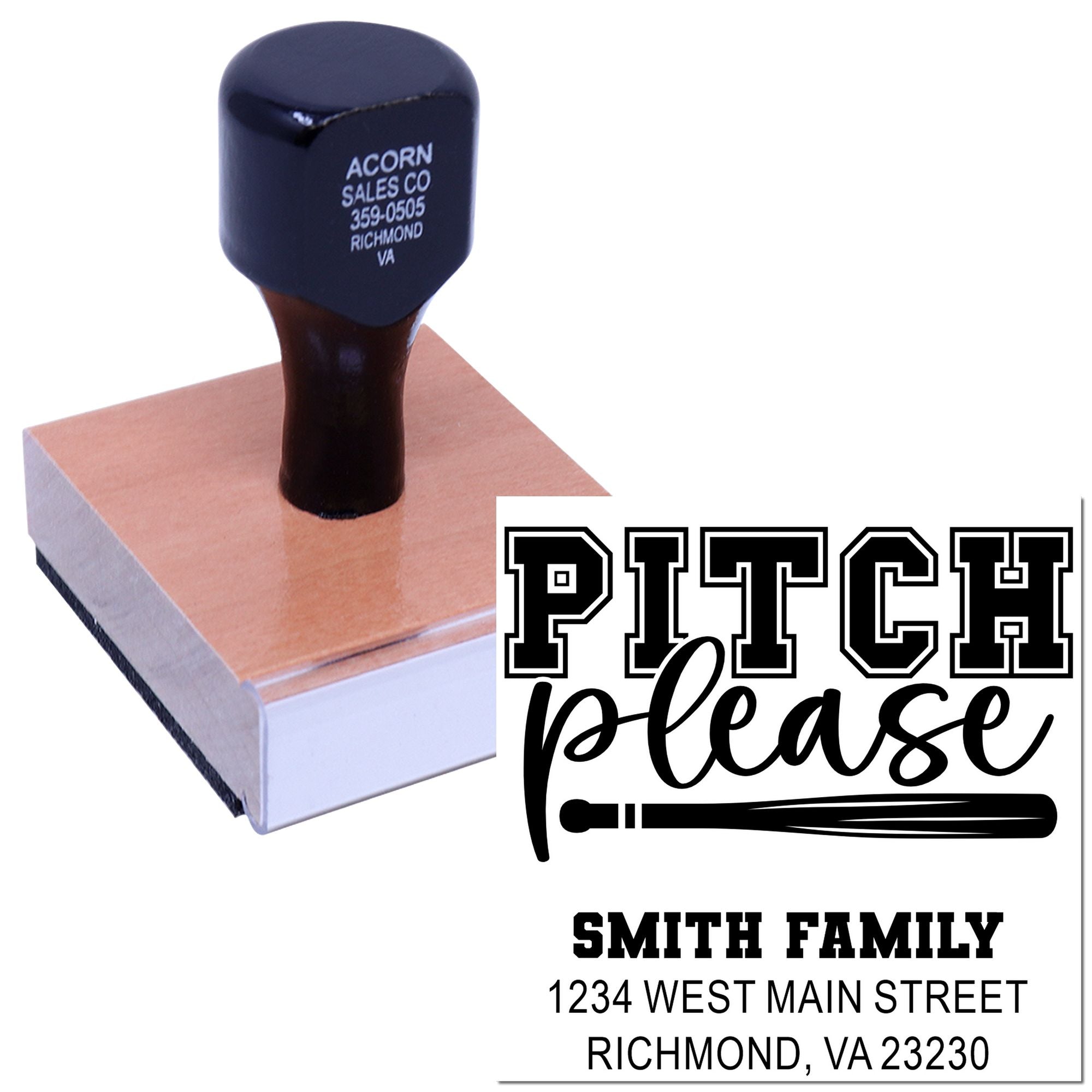Custom return address rubber stamp with Pitch Please baseball design for Smith Family, 1234 West Main Street, Richmond VA.