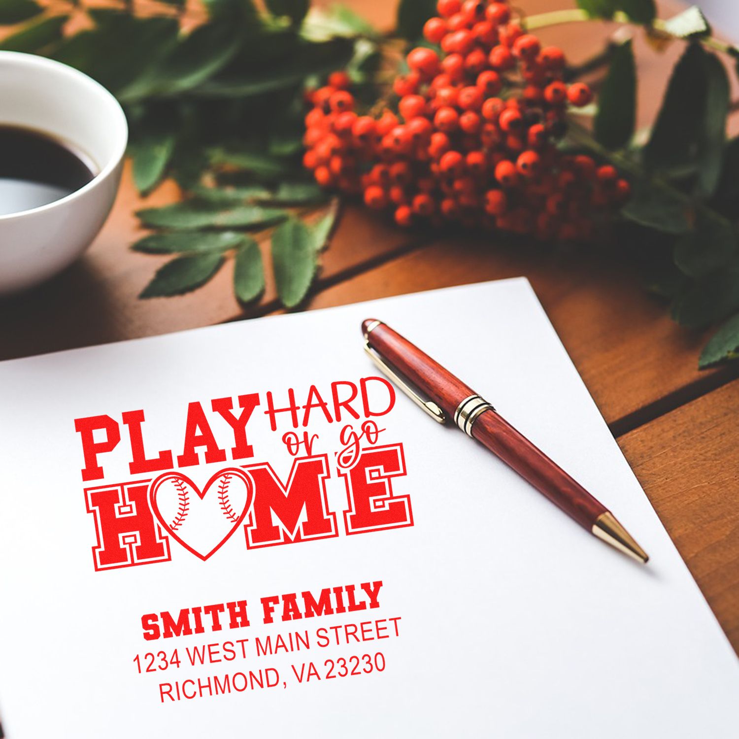 Custom rubber stamp design featuring Play Hard or Go Home slogan and Smith family return address for home or business use.
