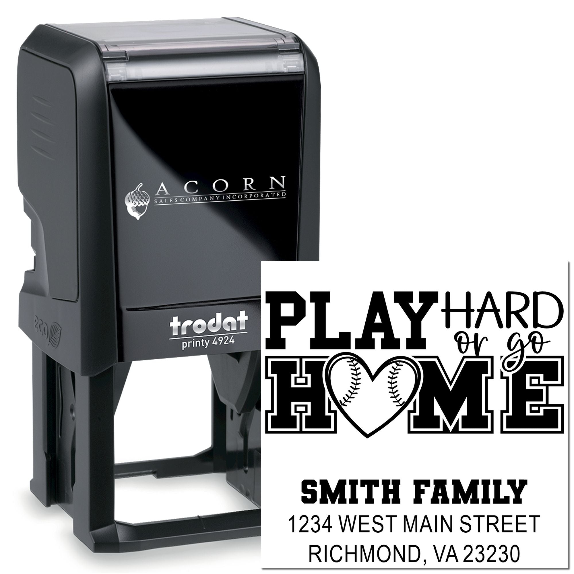 Trodat Printy self-inking rubber stamp with custom family address and Play Hard or Go Home baseball design.