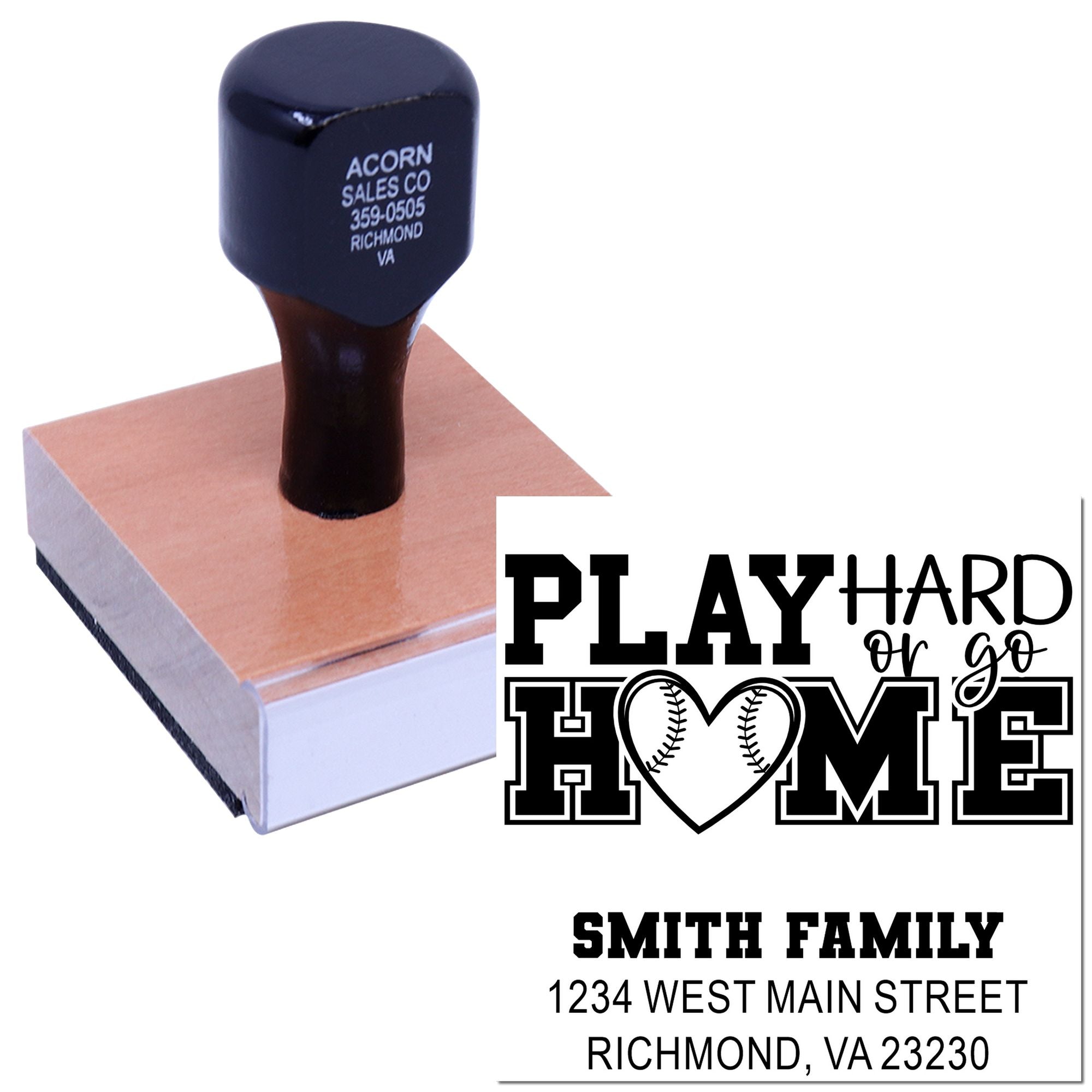 Personalized address rubber stamp with Play Hard or Go Home sports home design and family address.