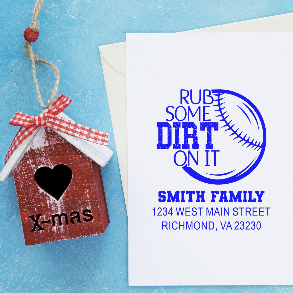 Custom personalized baseball rubber stamp with family name, address, and "Rub Some Dirt On It" design for envelopes.