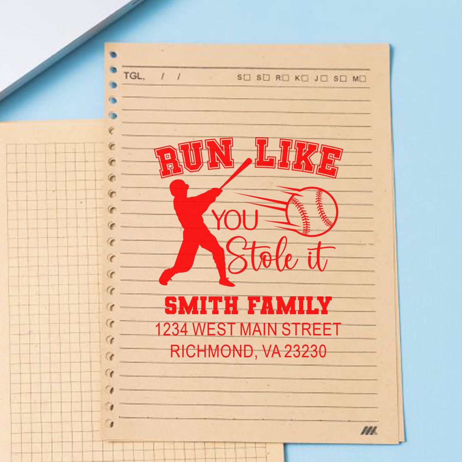 Custom baseball rubber stamp with Run Like You Stole It, family name, and address for personalized stationery and mailings.