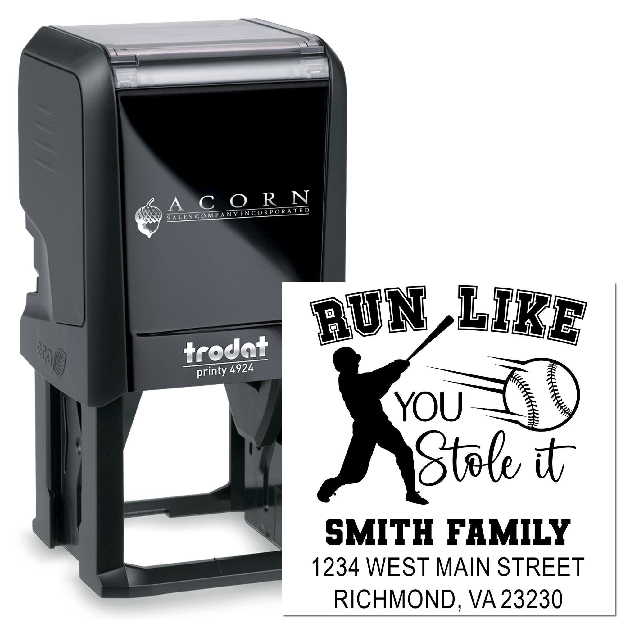 Custom self-inking rubber stamp for baseball fans, featuring a Run Like You Stole It design and return address layout.