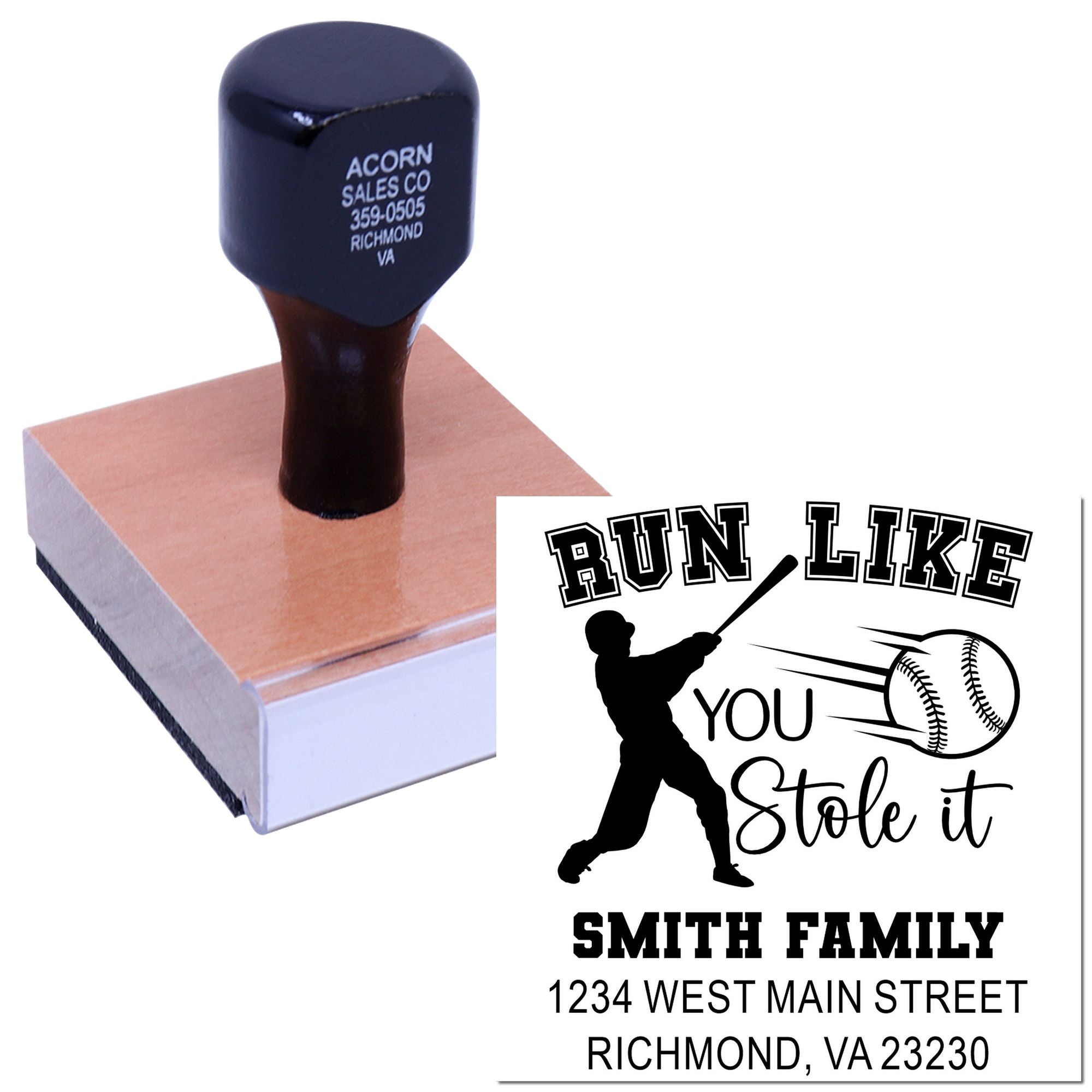 Custom baseball rubber stamp with Run Like You Stole It design and personalized Smith family return address.