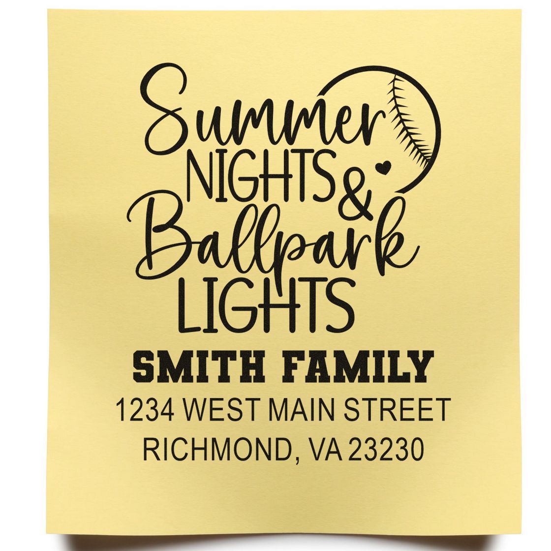 Personalized address rubber stamp with baseball theme, Summer Nights & Ballpark Lights, Smith family name and address.