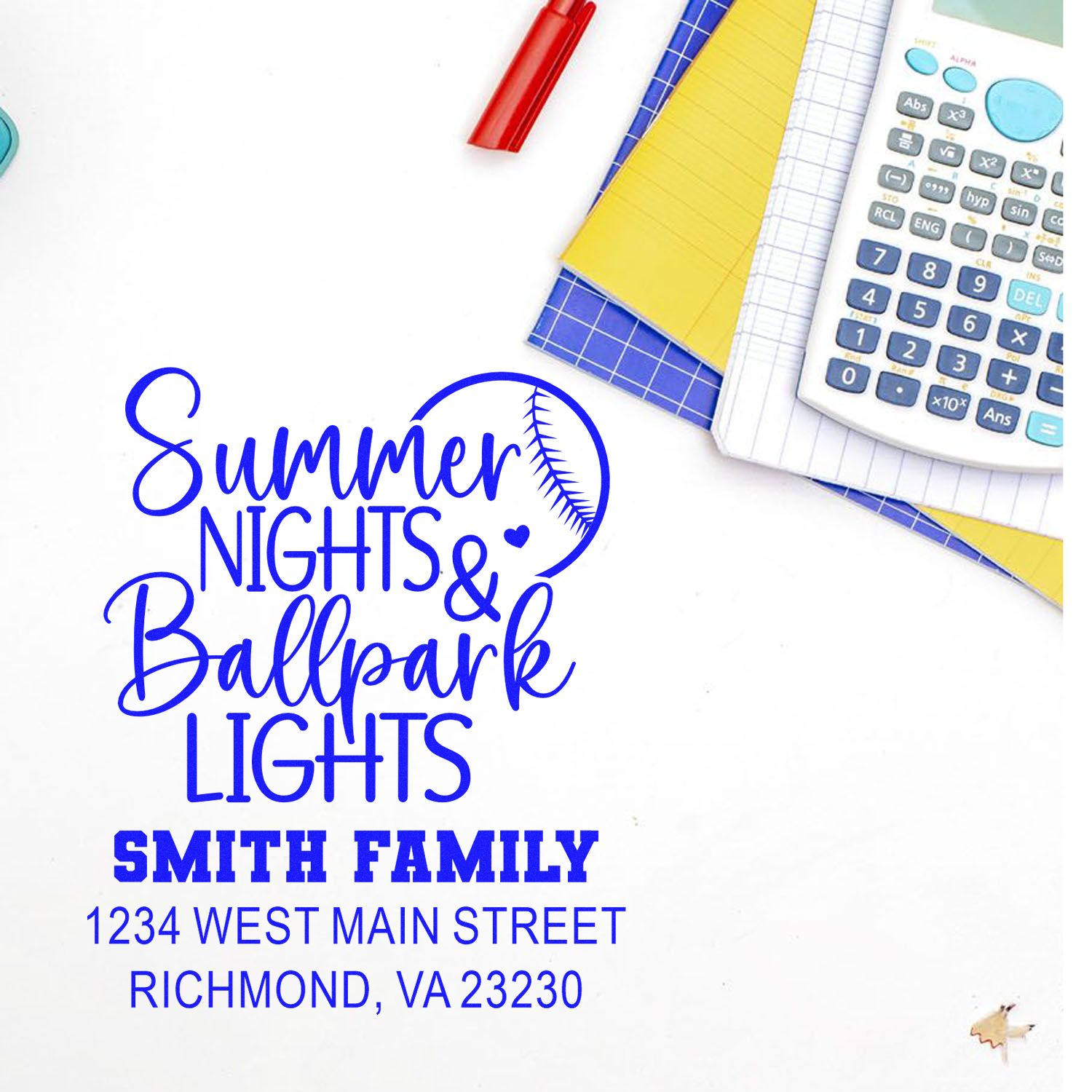 Custom address rubber stamp design with Summer Nights & Ballpark Lights and Smith family address for personalized mailing.