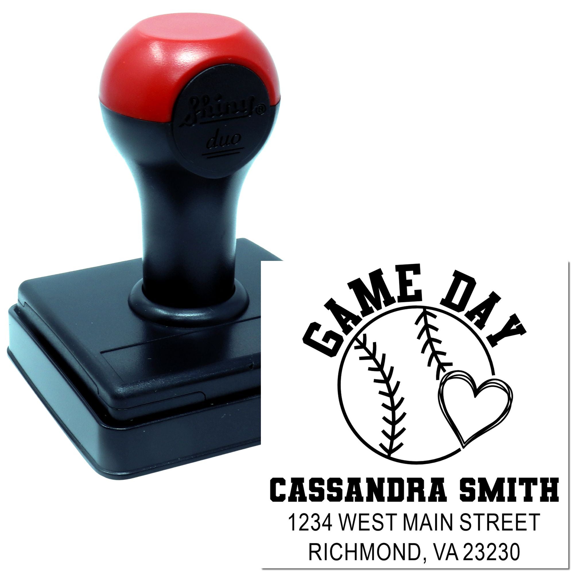 Custom self-inking rubber stamp with personalized Game Day baseball design, name, and address imprint.