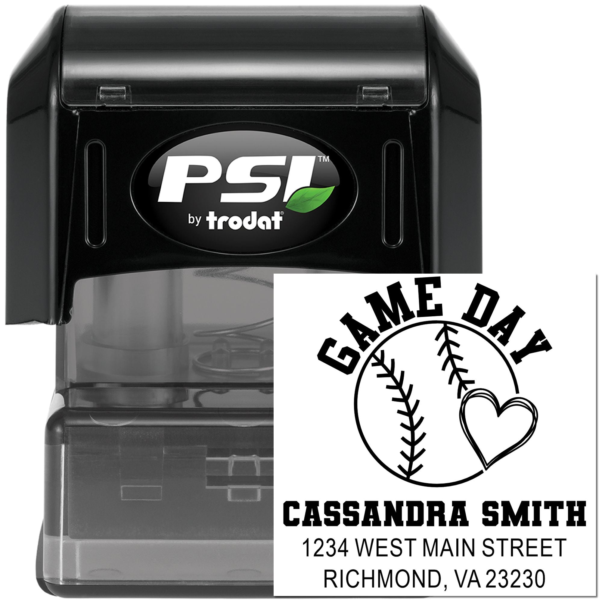 Custom self-inking rubber stamp with baseball game day design and return address for Cassandra Smith, Richmond, VA