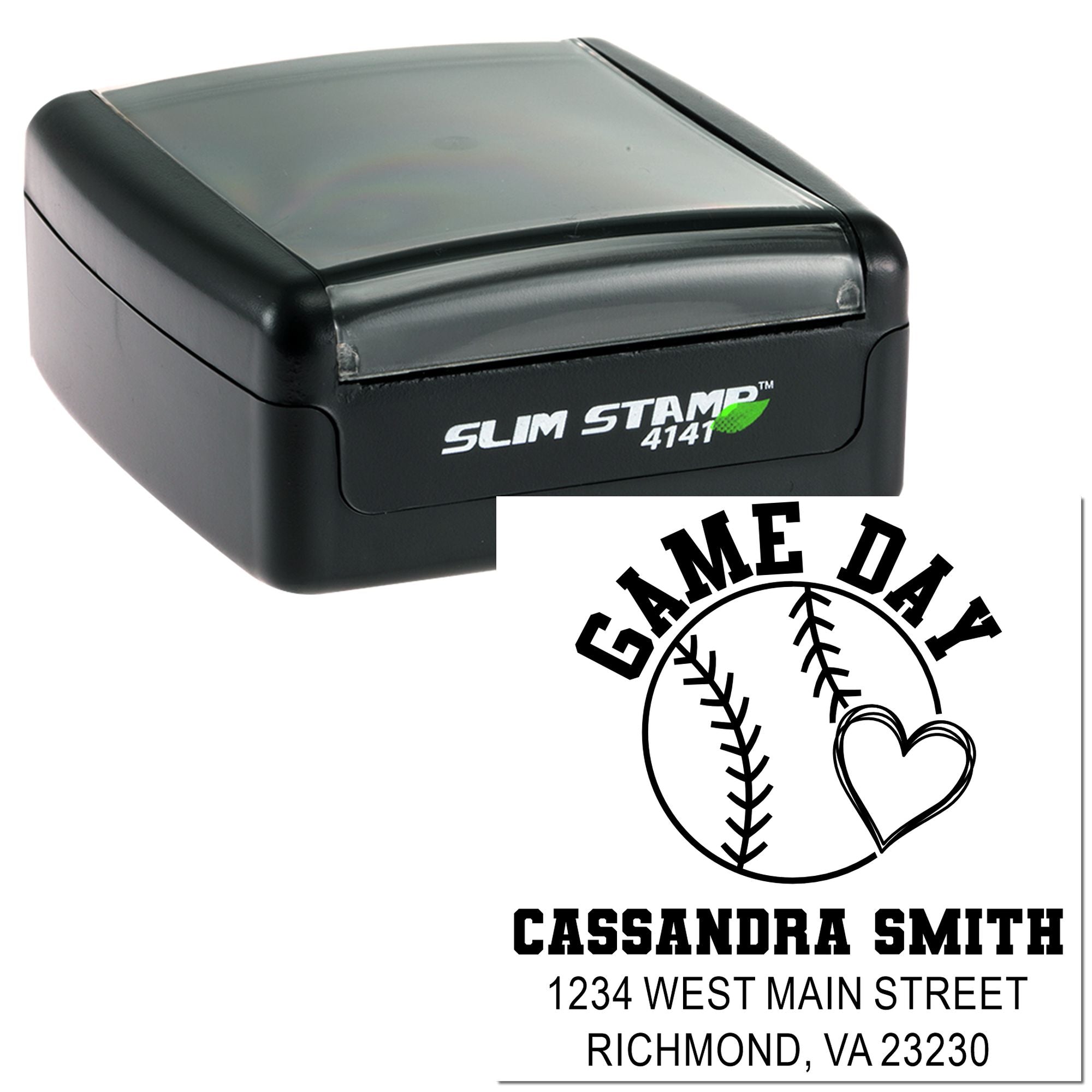 Custom rubber stamp with baseball Game Day design and address imprint for personalized mailing and sports fan stationery