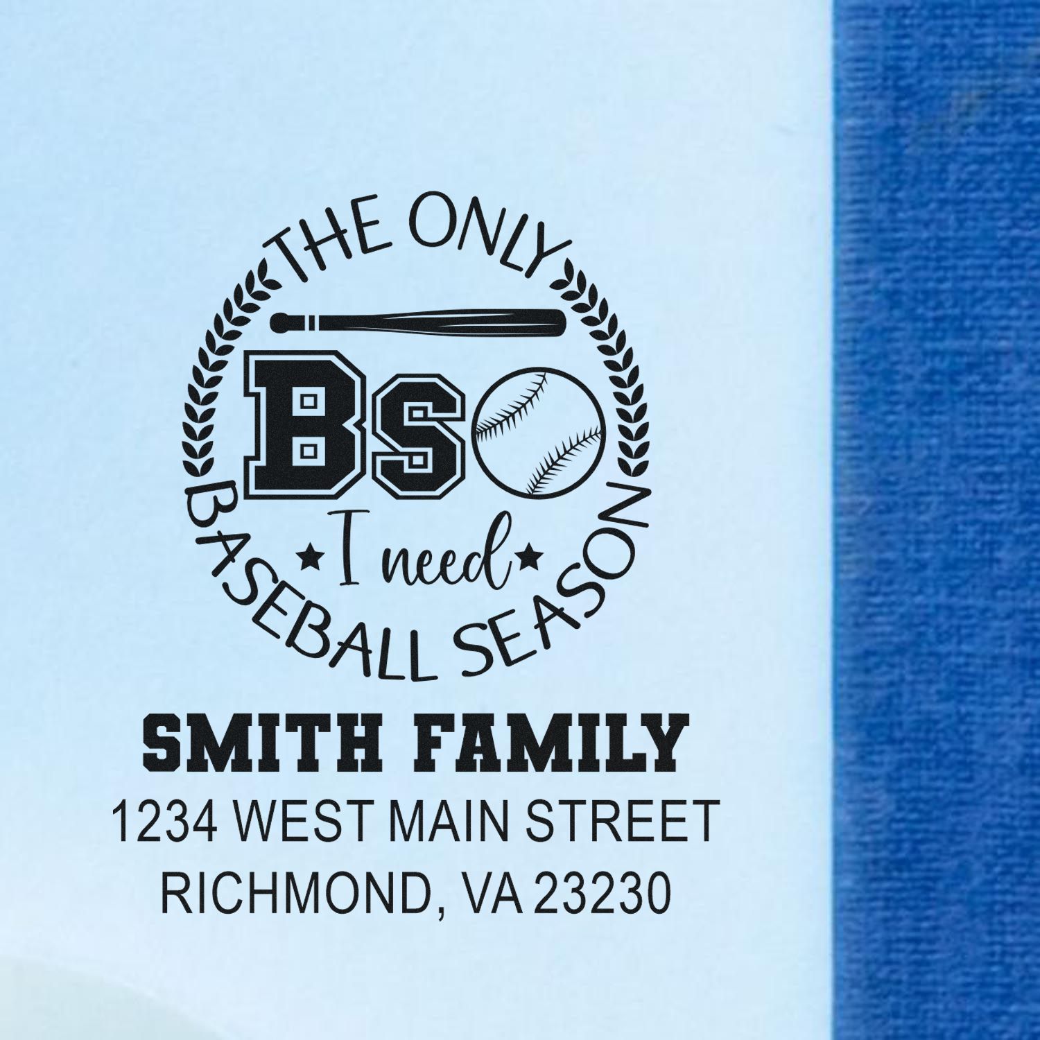 Personalized baseball return address stamp with Smith Family name and The Only BS I Need Is Baseball Season design.