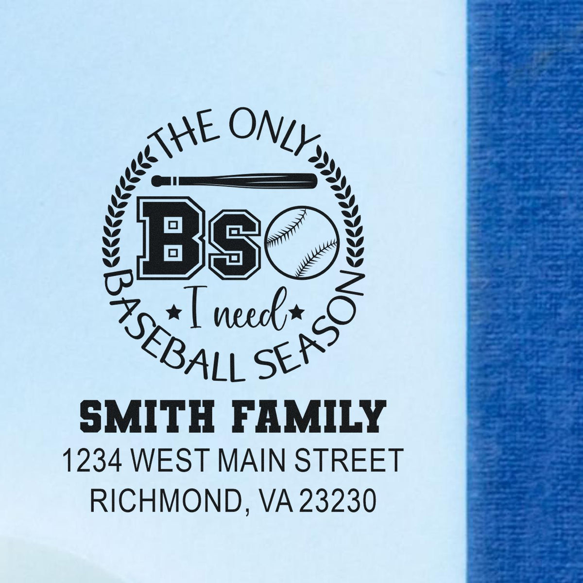 Custom baseball-themed family address rubber stamp with Smith family name, slogan, and Richmond, VA return address.