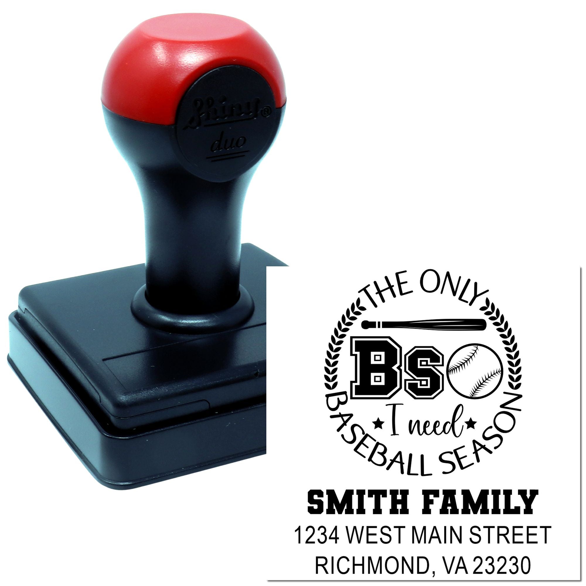 Custom self-inking baseball family address stamp with team-style design for personalized envelopes and sports mailings.