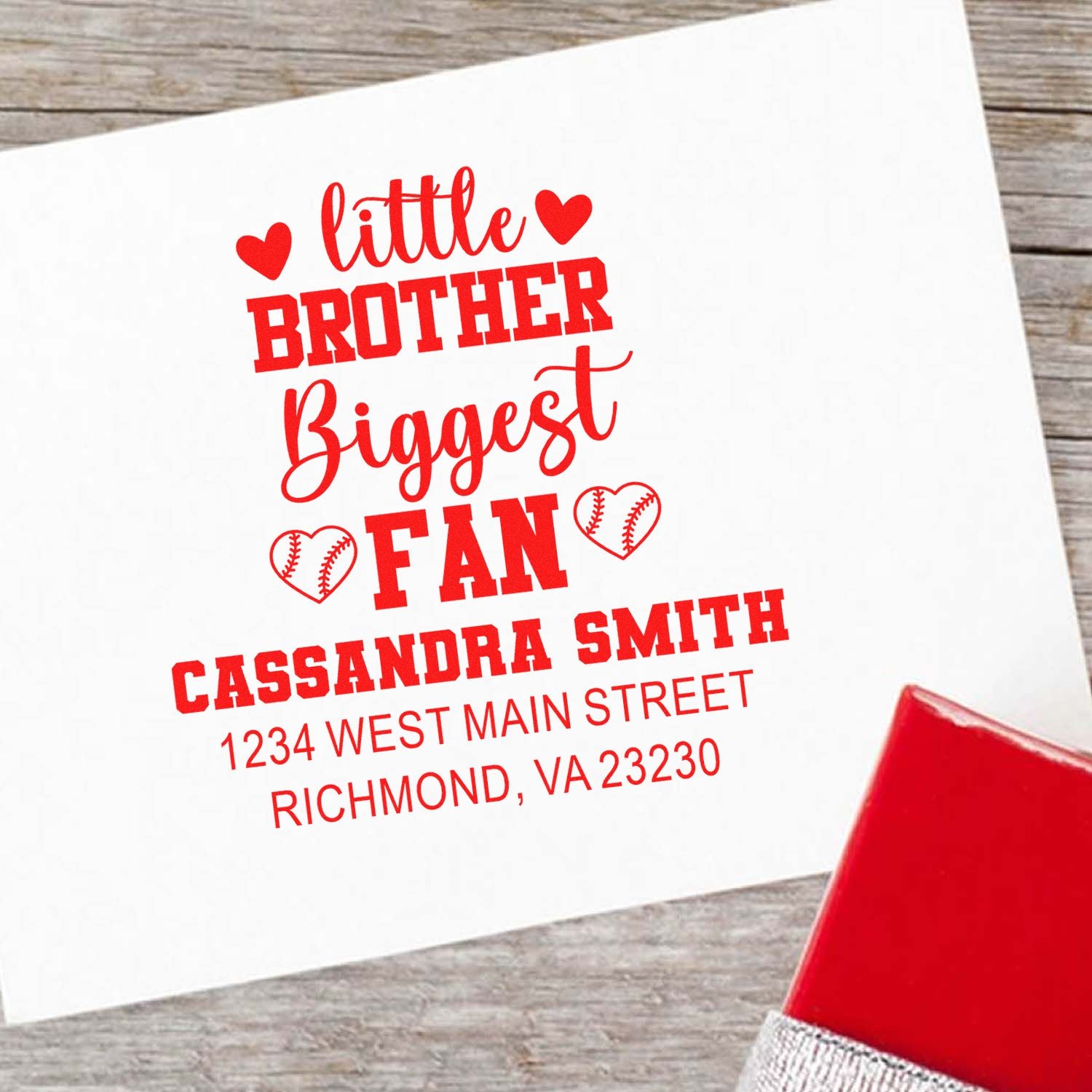 Personalized rubber stamp with Little Brother Biggest Fan baseball design, custom name and address in red ink.