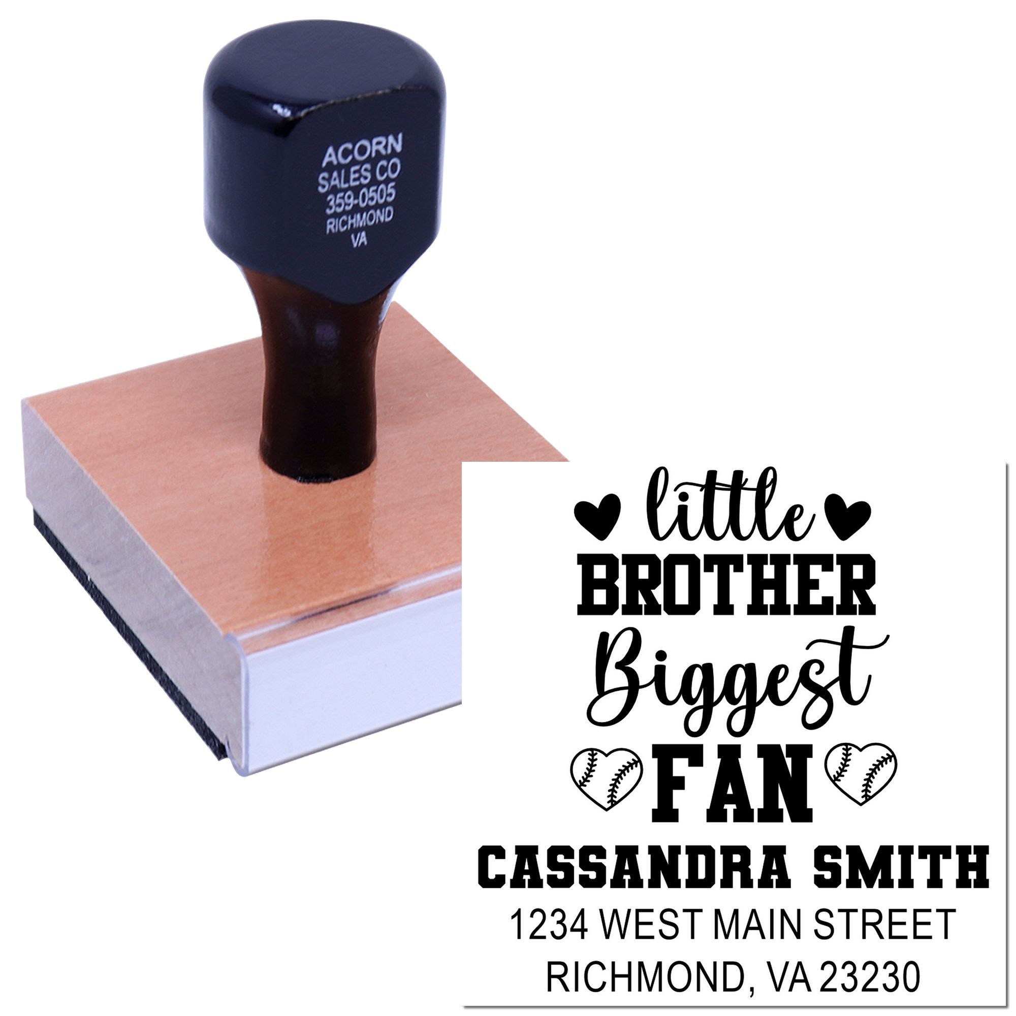 Custom rubber stamp with Little Brother Biggest Fan design, personalized name, and address for baseball-themed gifts.