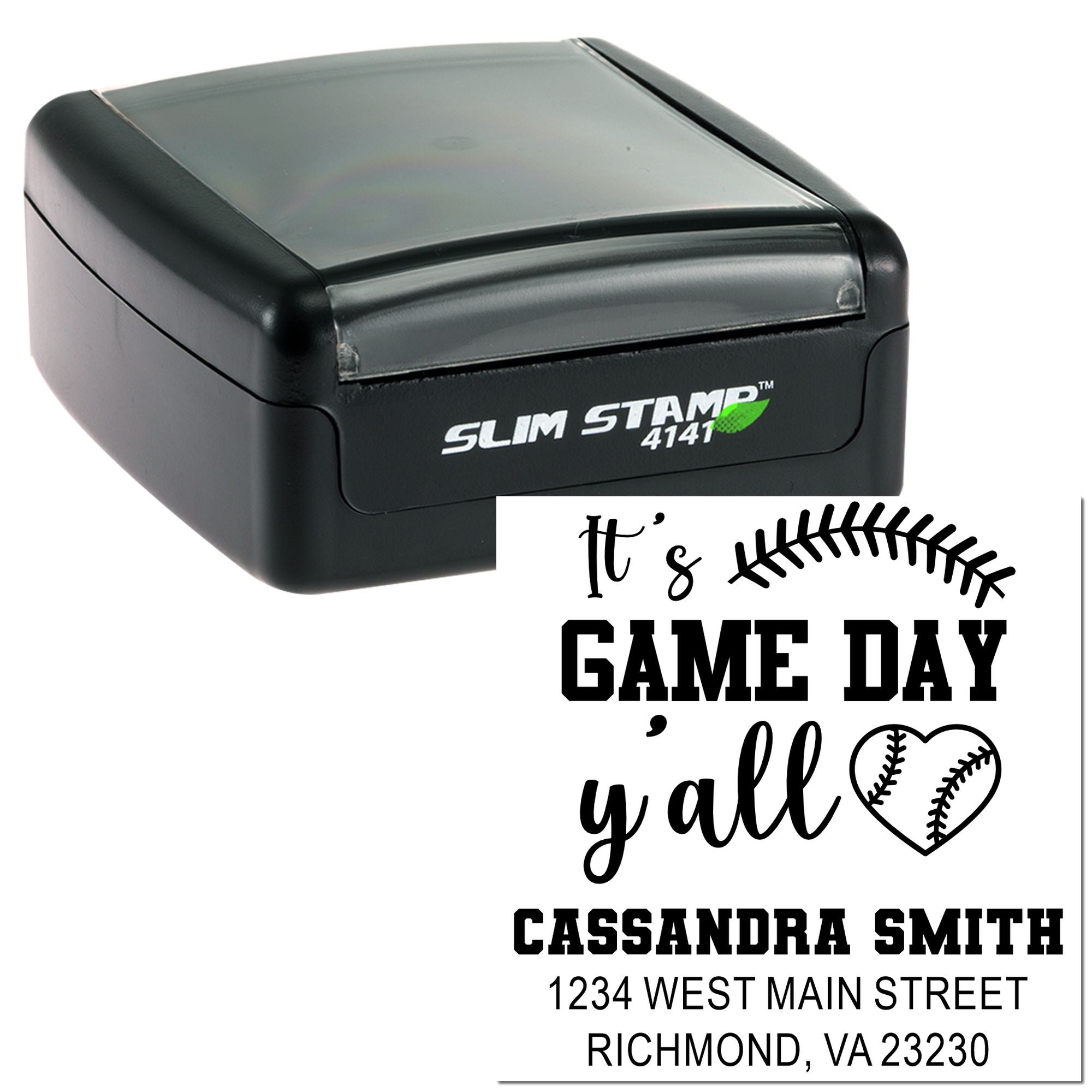 Custom self-inking rubber stamp with baseball Its game day yall design and personalized address imprint