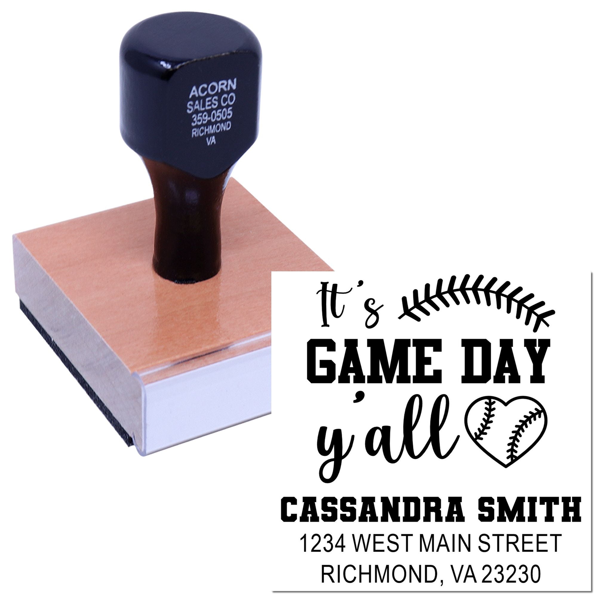 Custom baseball-themed rubber stamp with Its game day yall design, name, and address for sports mailings.