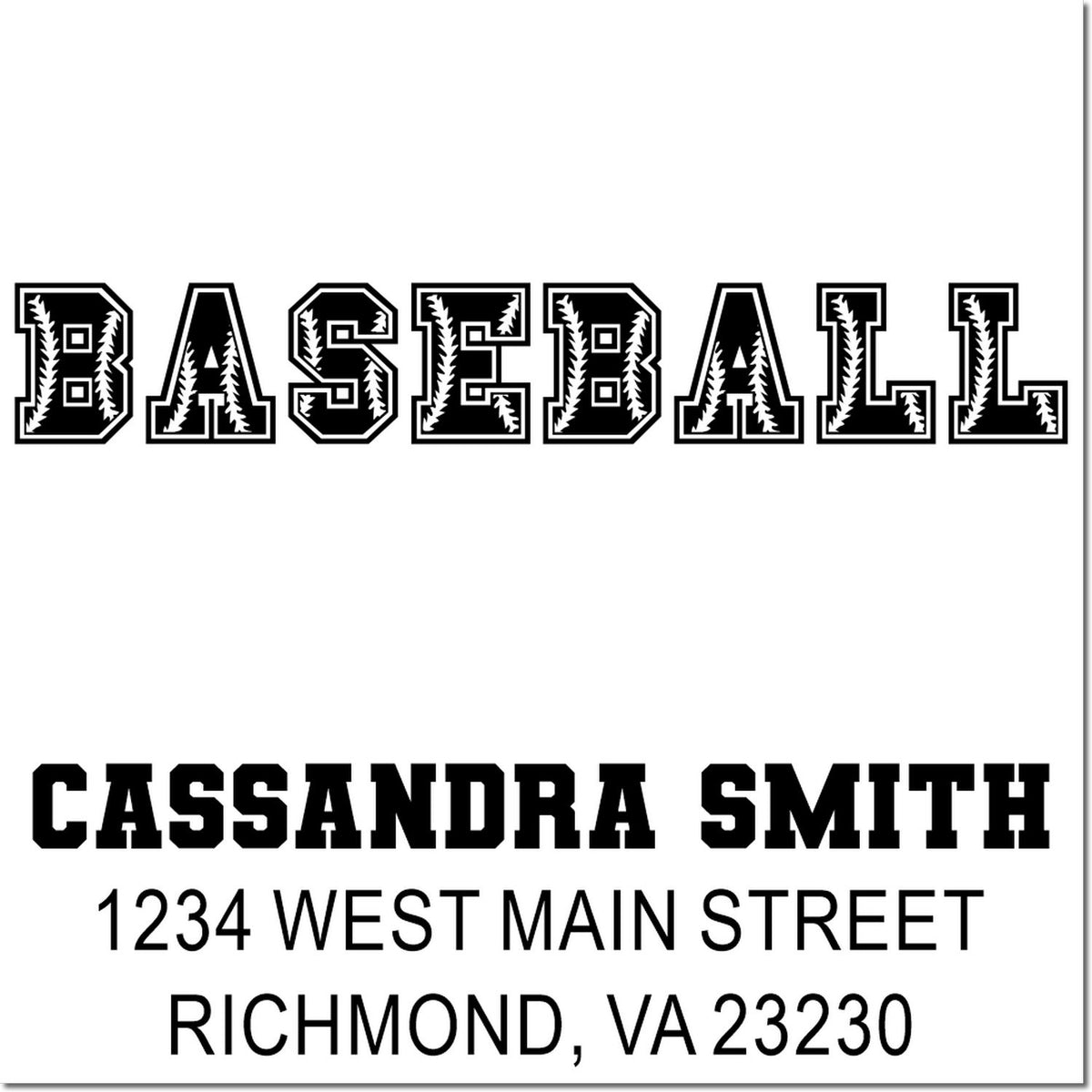 Custom baseball return address rubber stamp with Cassandra Smith name and Richmond, VA address.
