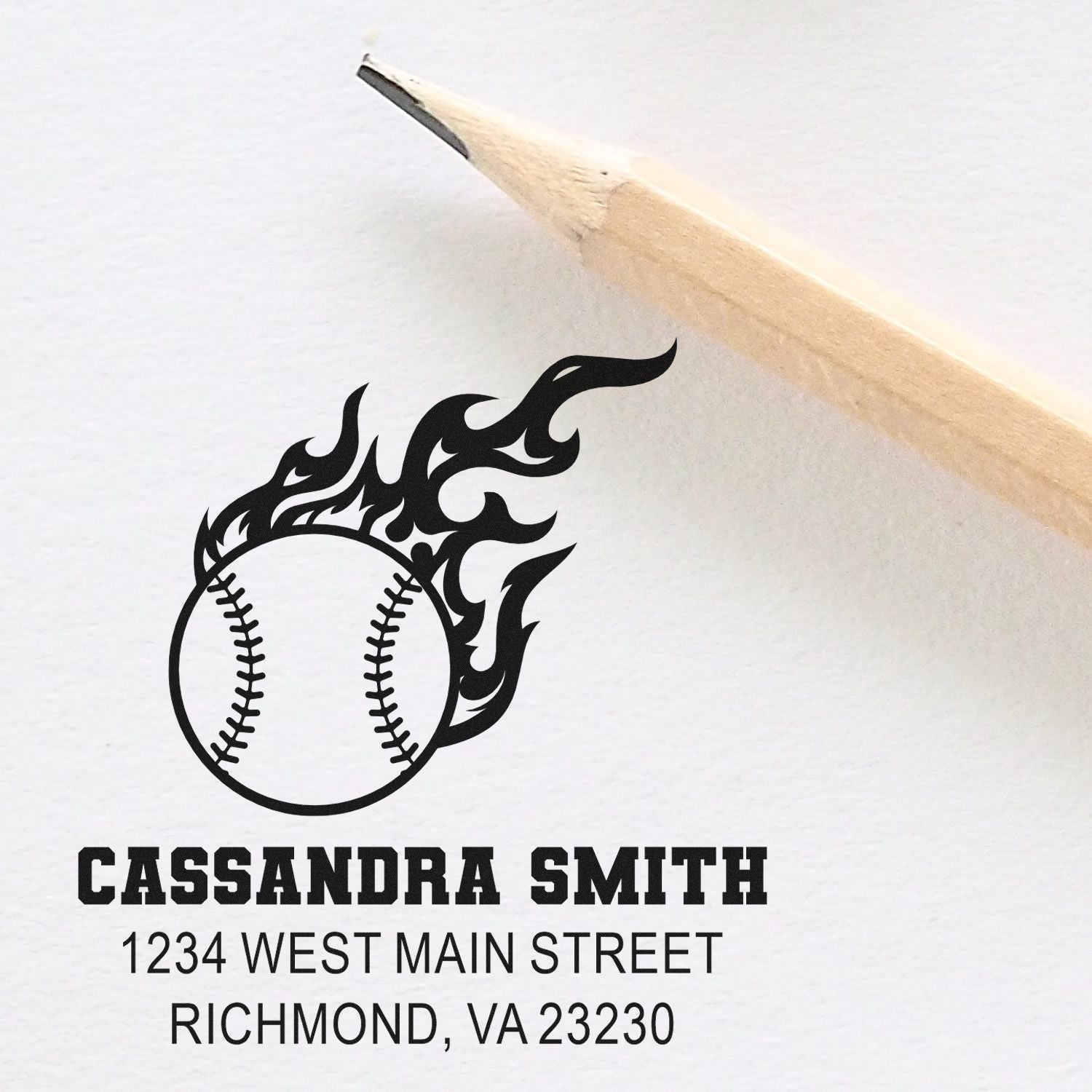 Personalized baseball rubber stamp with flaming baseball logo and return address for Cassandra Smith, Richmond, VA.