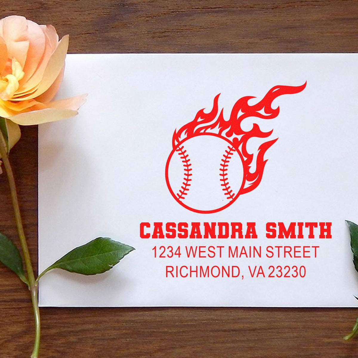 Custom rubber stamp return address on envelope with flaming baseball design, Cassandra Smith, Richmond, VA.