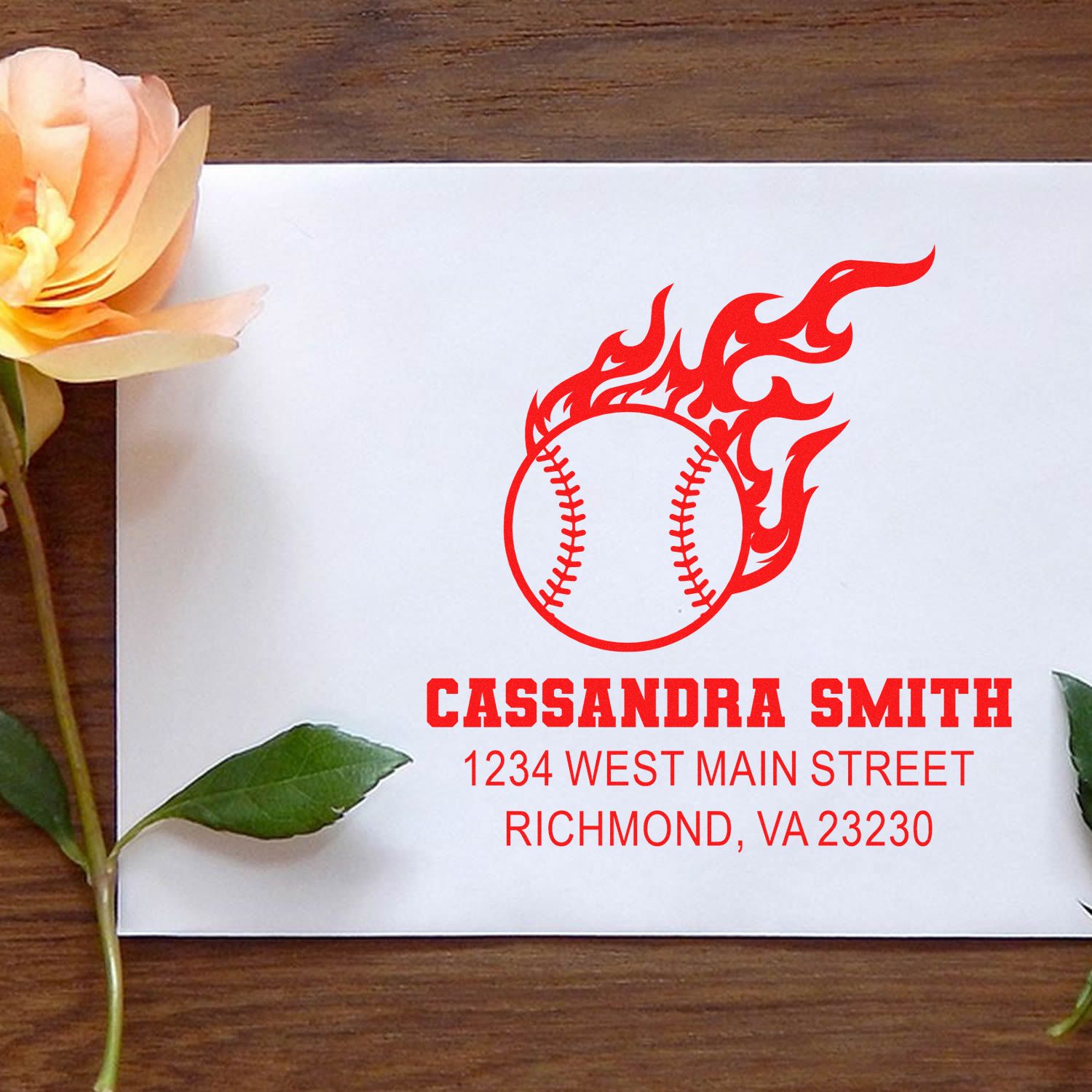 Custom baseball return address rubber stamp with flaming ball design for Cassandra Smith, Richmond, VA 23230