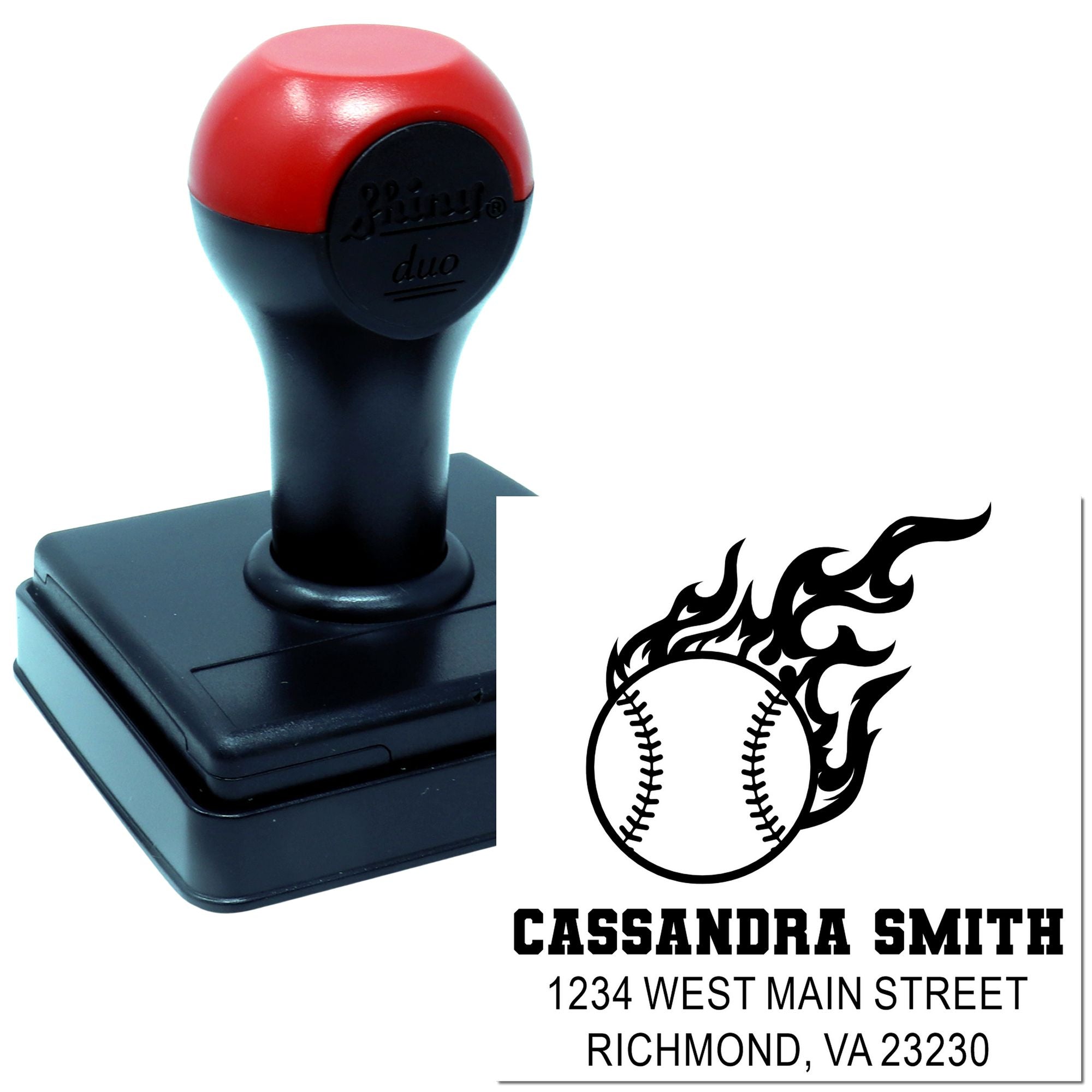 Custom self-inking rubber stamp with flaming baseball design and return address for Cassandra Smith, Richmond, VA.