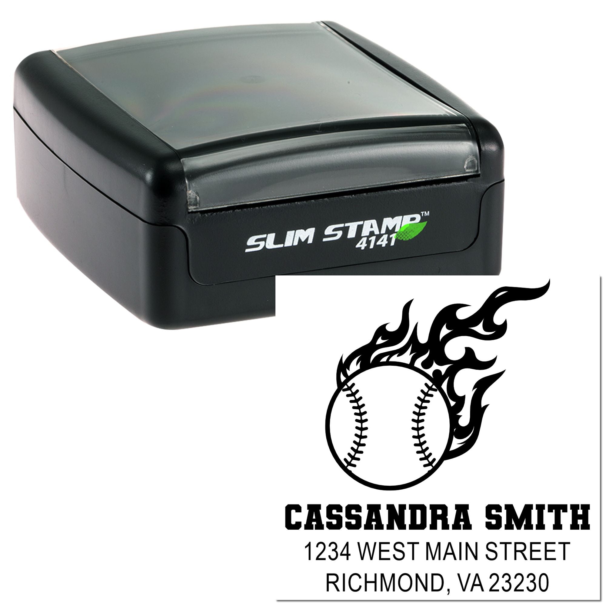 Slim self-inking rubber stamp with custom baseball flame design and personalized address imprint for Cassandra Smith.