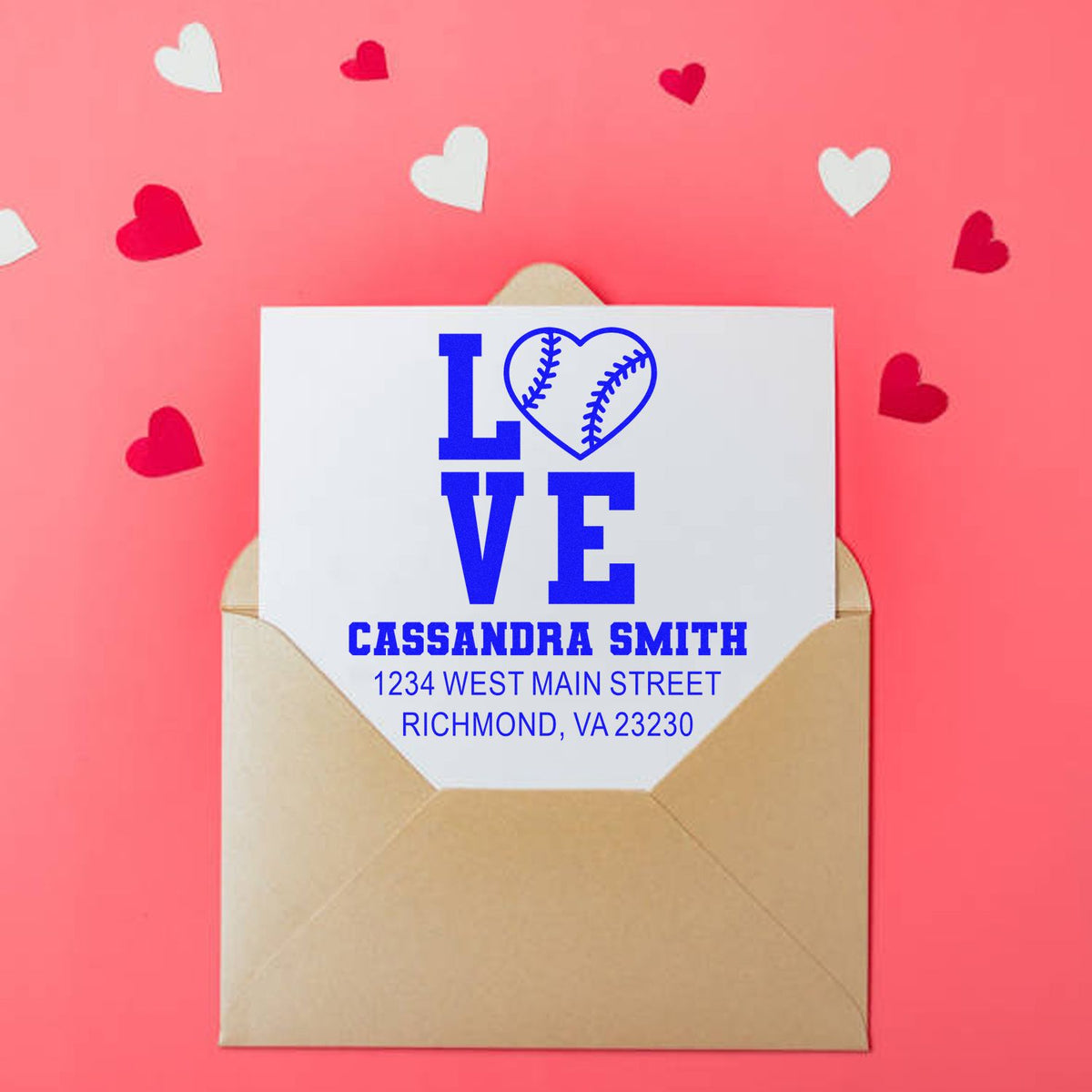 Custom baseball love rubber stamp on envelope with personalized name and address for Valentines Day card mail.