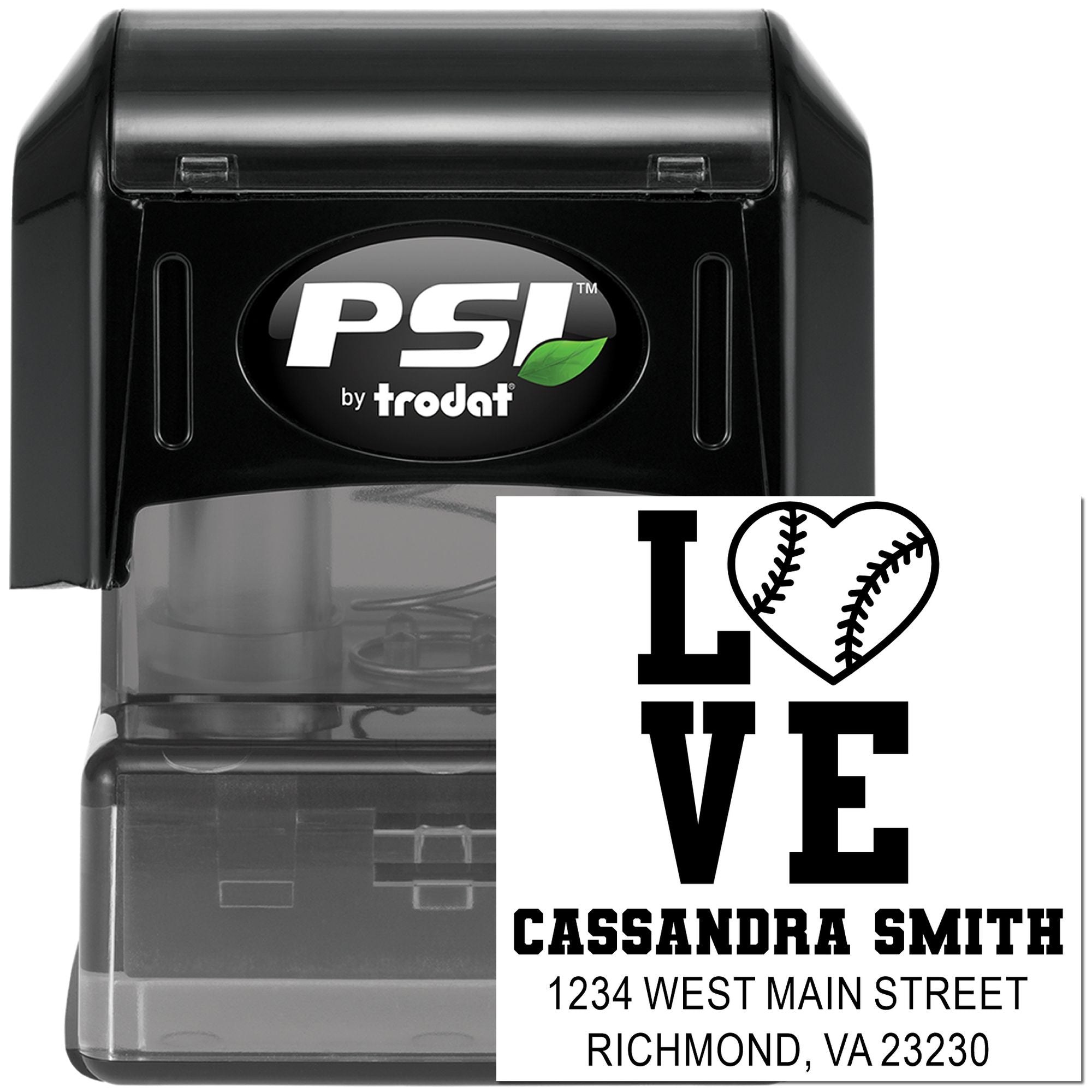 Custom self-inking rubber stamp by PSI Trodat with baseball heart LOVE design, name, and address for personalized mail.