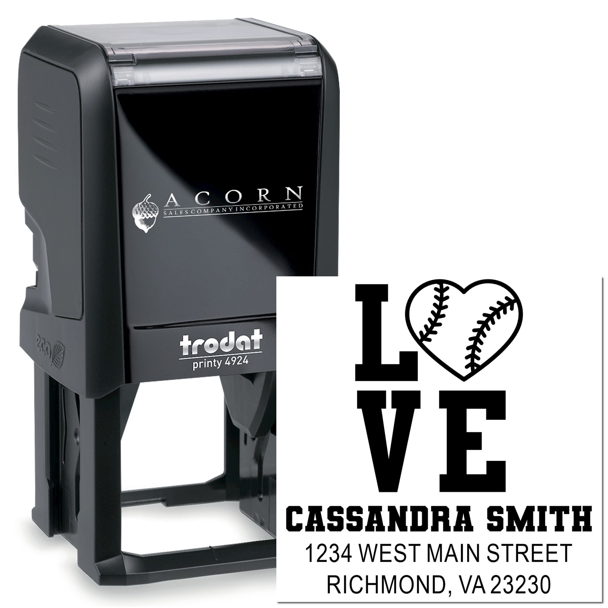 Custom self-inking rubber stamp with baseball LOVE design and address imprint for Cassandra Smith, ideal for personalized mailing.