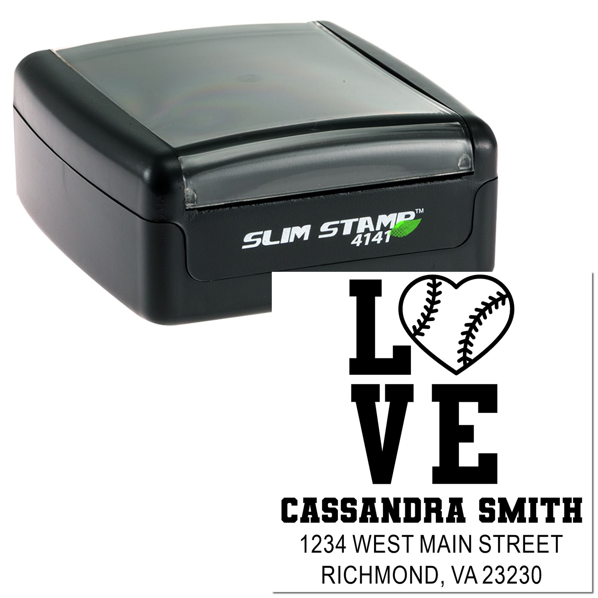 Custom self-inking rubber stamp sample with baseball heart LOVE design, name, and address for personalized mailing.