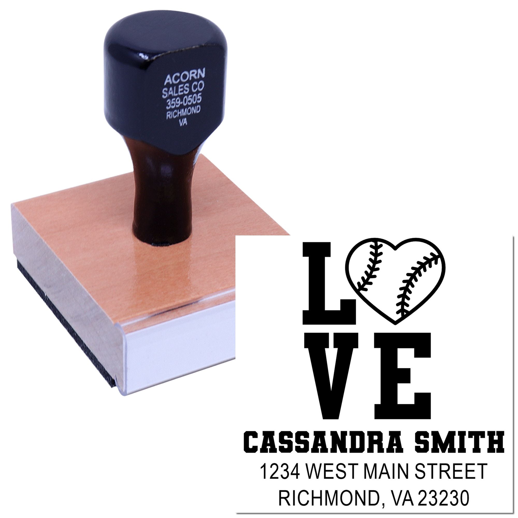 Custom self-inking rubber stamp with baseball heart design and personalized name, address, and LOVE imprint.