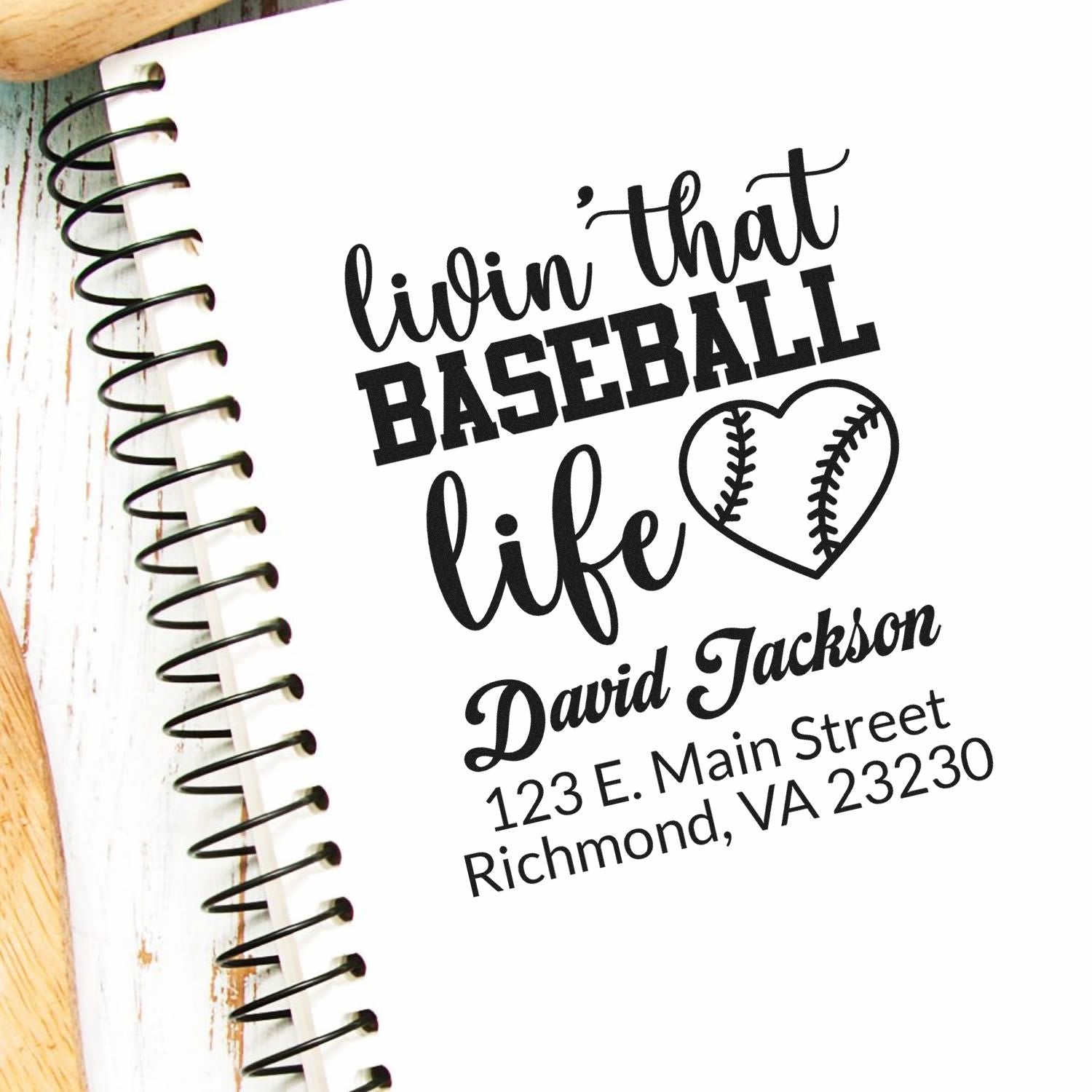 Personalized baseball rubber stamp featuring Livin That Baseball Life, heart baseball art, name, and address.