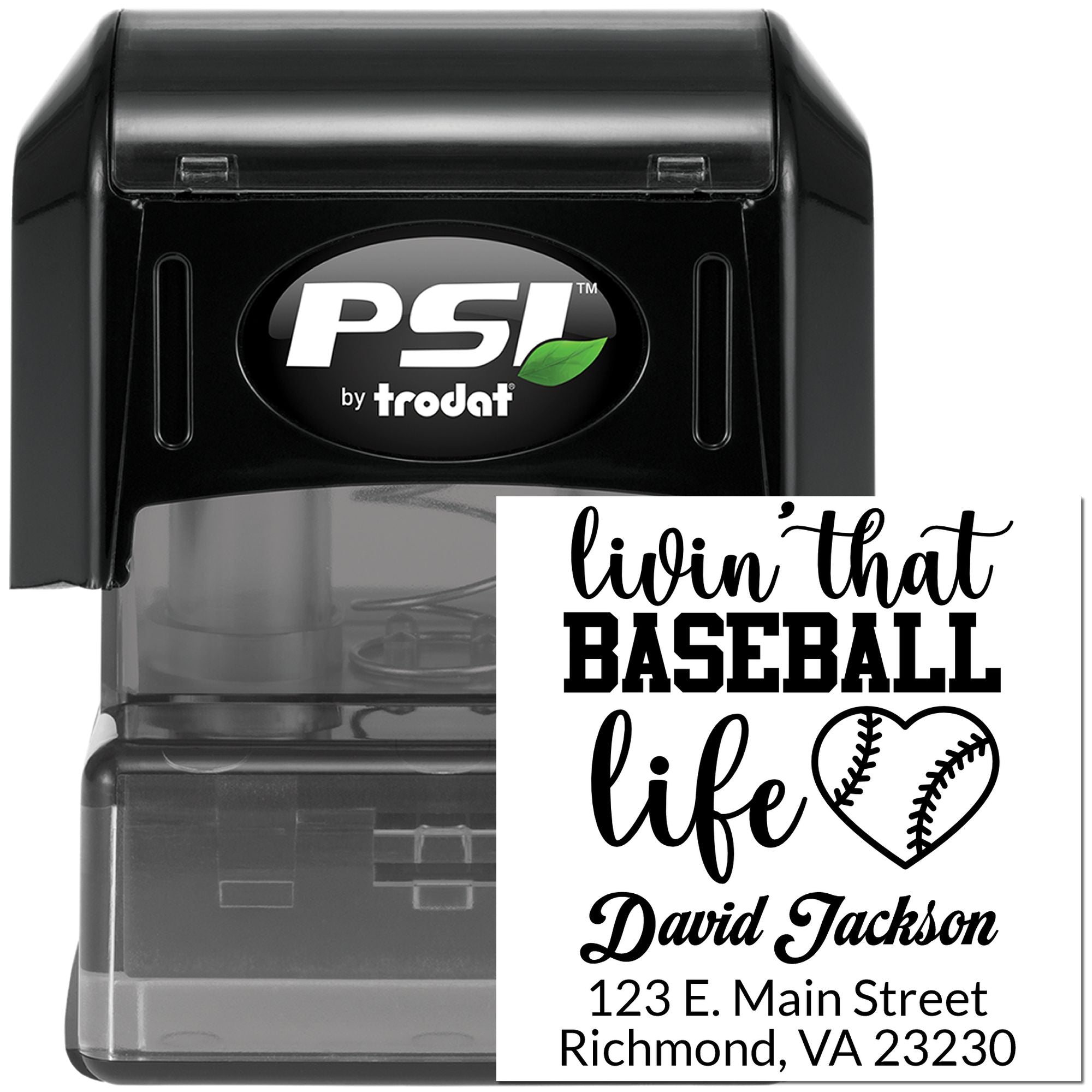 Custom baseball self-inking address stamp by PSI Trodat, featuring livin that baseball life with name and address.