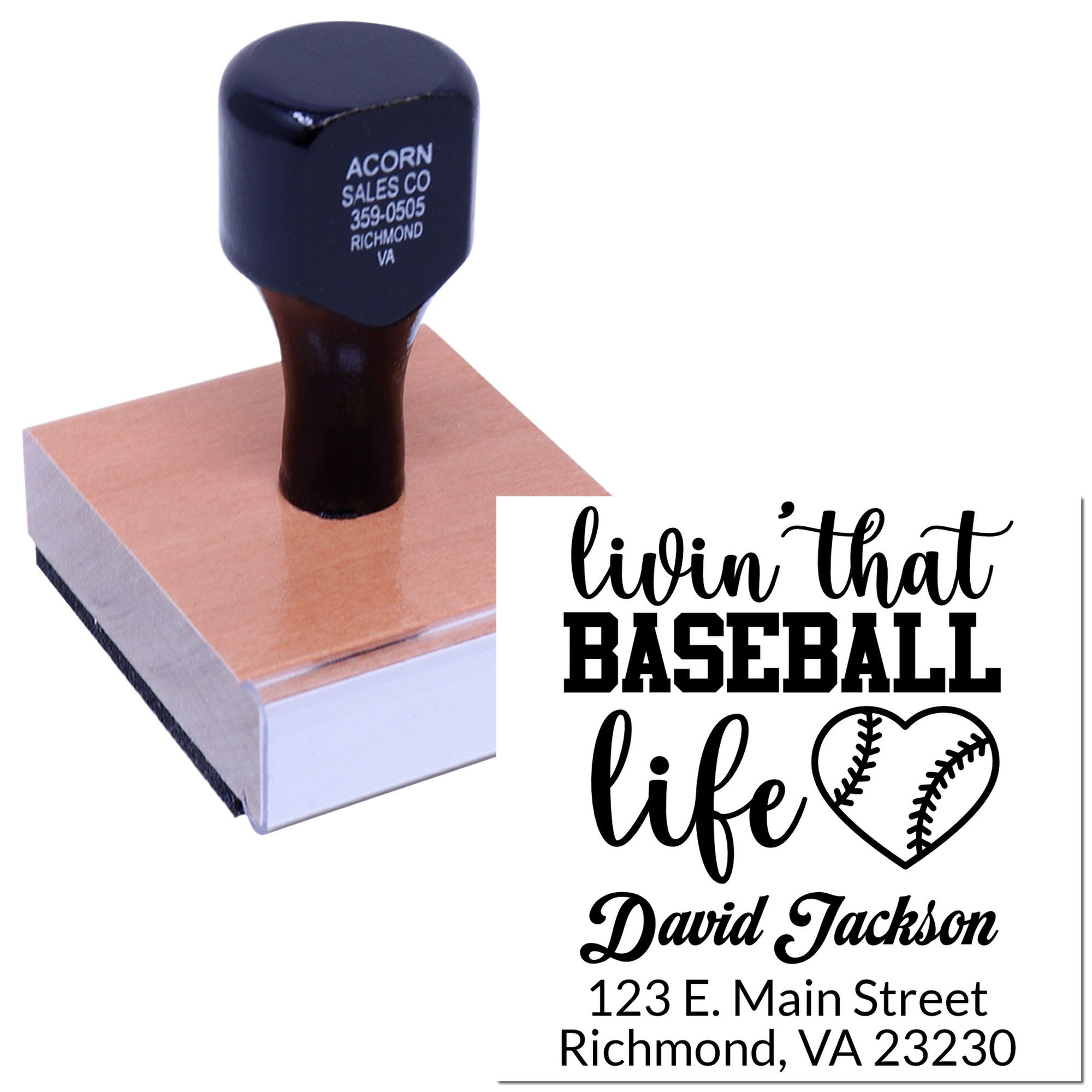 Custom baseball-themed rubber stamp with name, address, and livin that baseball life design for personalized mail.