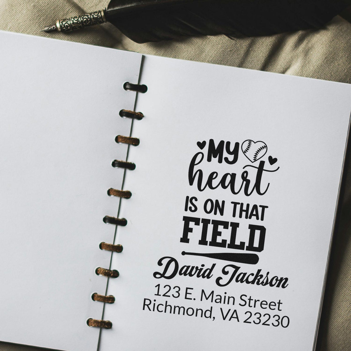 Custom baseball rubber stamp with personalized name and address, featuring My heart is on that field for sports gifts.
