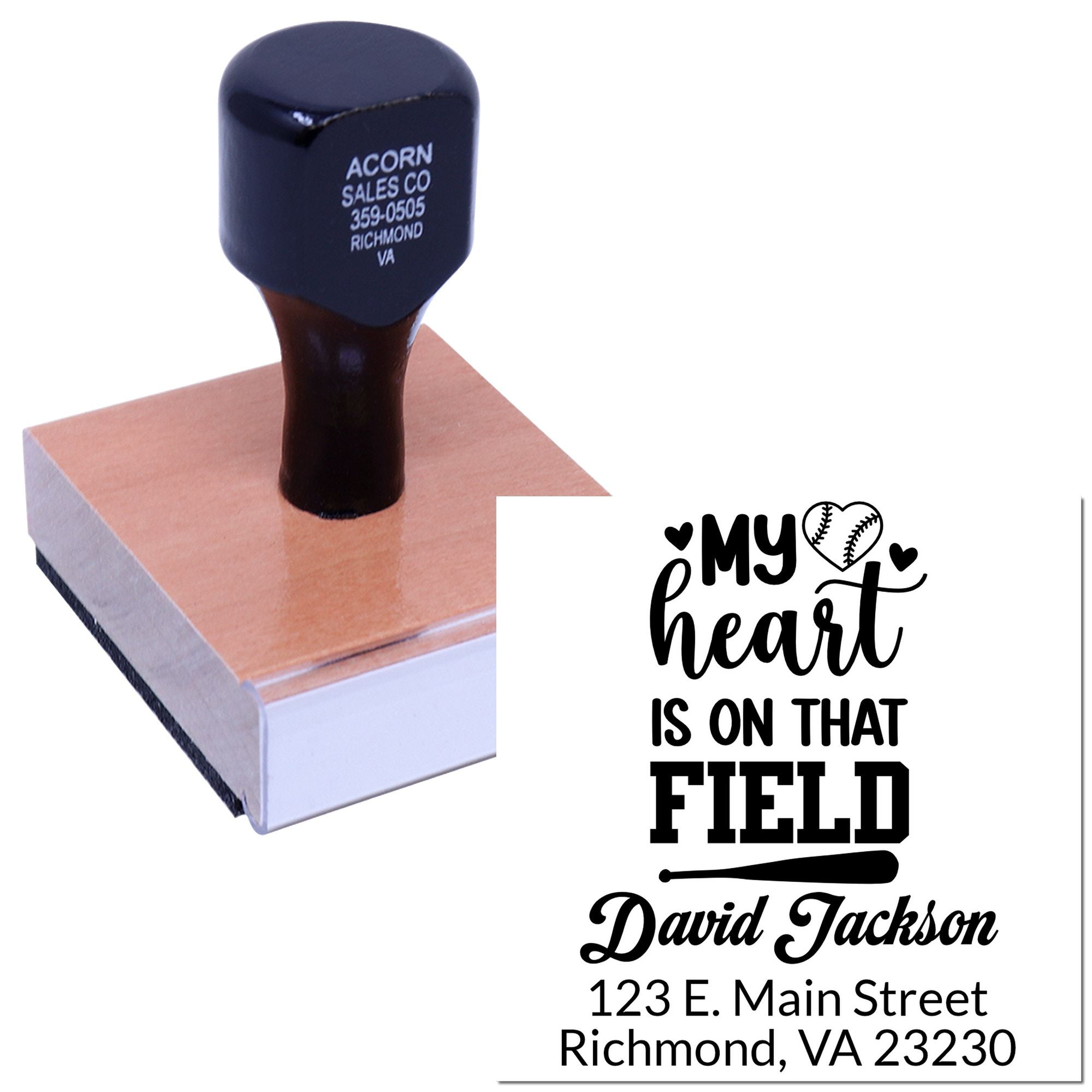 Custom baseball rubber stamp with personalized name and address, ideal for sports-themed cards, gifts, and stationery.