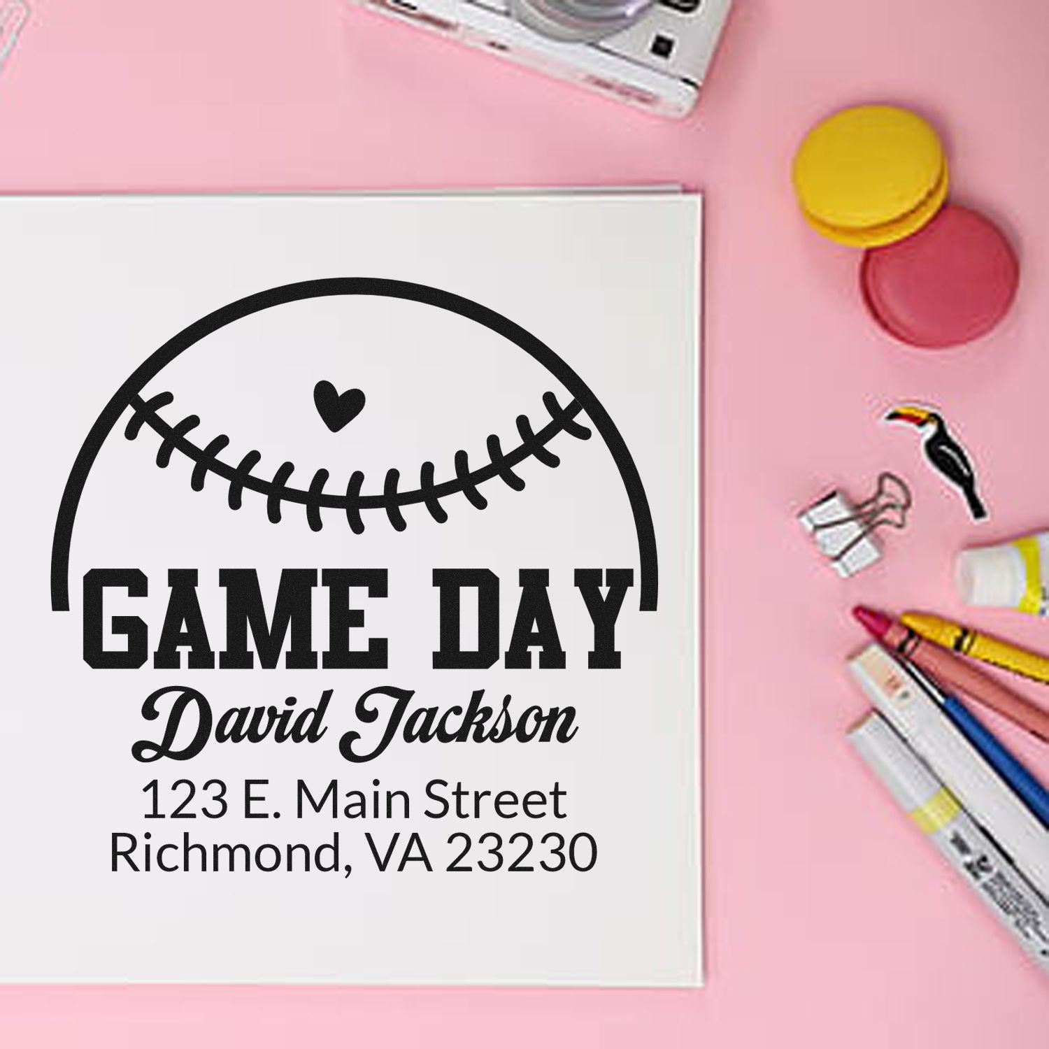 Personalized baseball game day rubber stamp with name and address for team stationery and fan gifts.