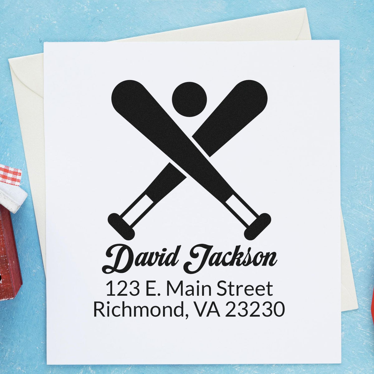 Custom return address rubber stamp with crossed bats monogram, personalized name, and Richmond, VA address.