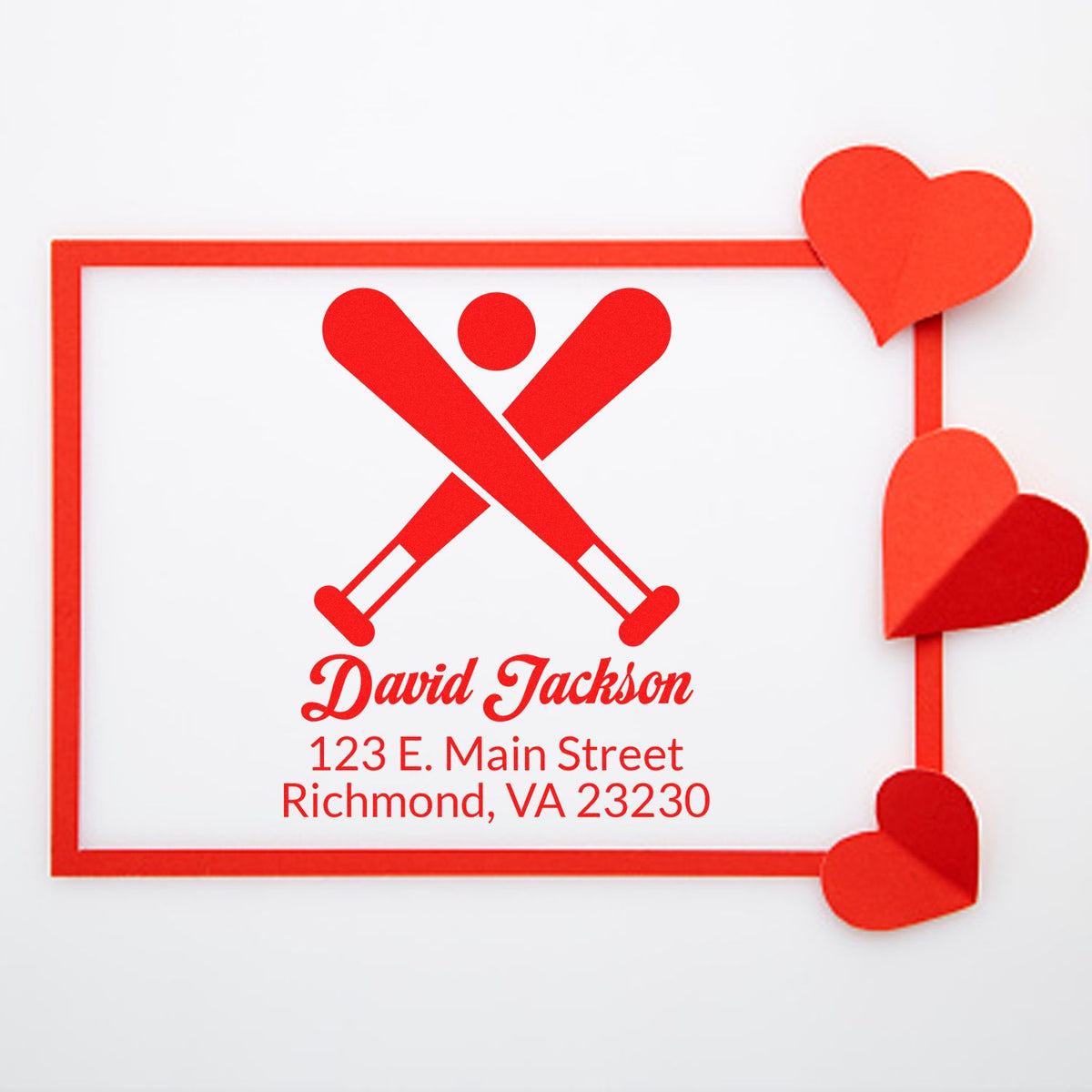 Personalized return address rubber stamp for David Jackson, Richmond VA, with decorative hearts for mailing and stationery.
