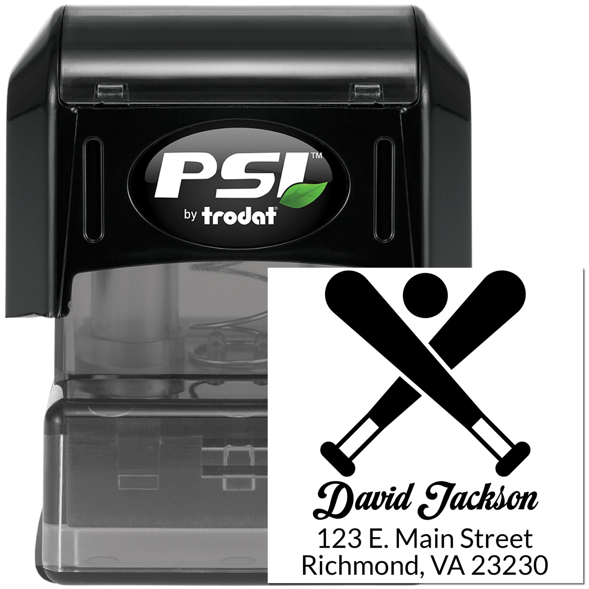 PSI by Trodat self-inking rubber stamp for custom return address and logo imprint with crossed bats design.